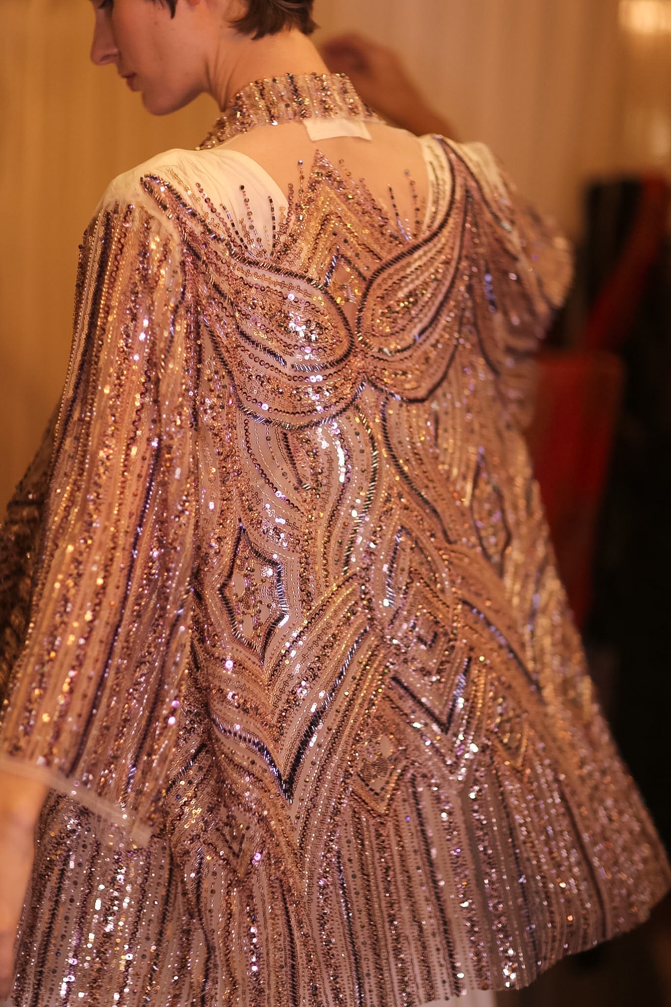 HEAVY SEQUIN EMBROIDERED SILK SHORT KIMONO WHITE FAIRY - BANGKOK TAILOR CLOTHING STORE - HANDMADE CLOTHING