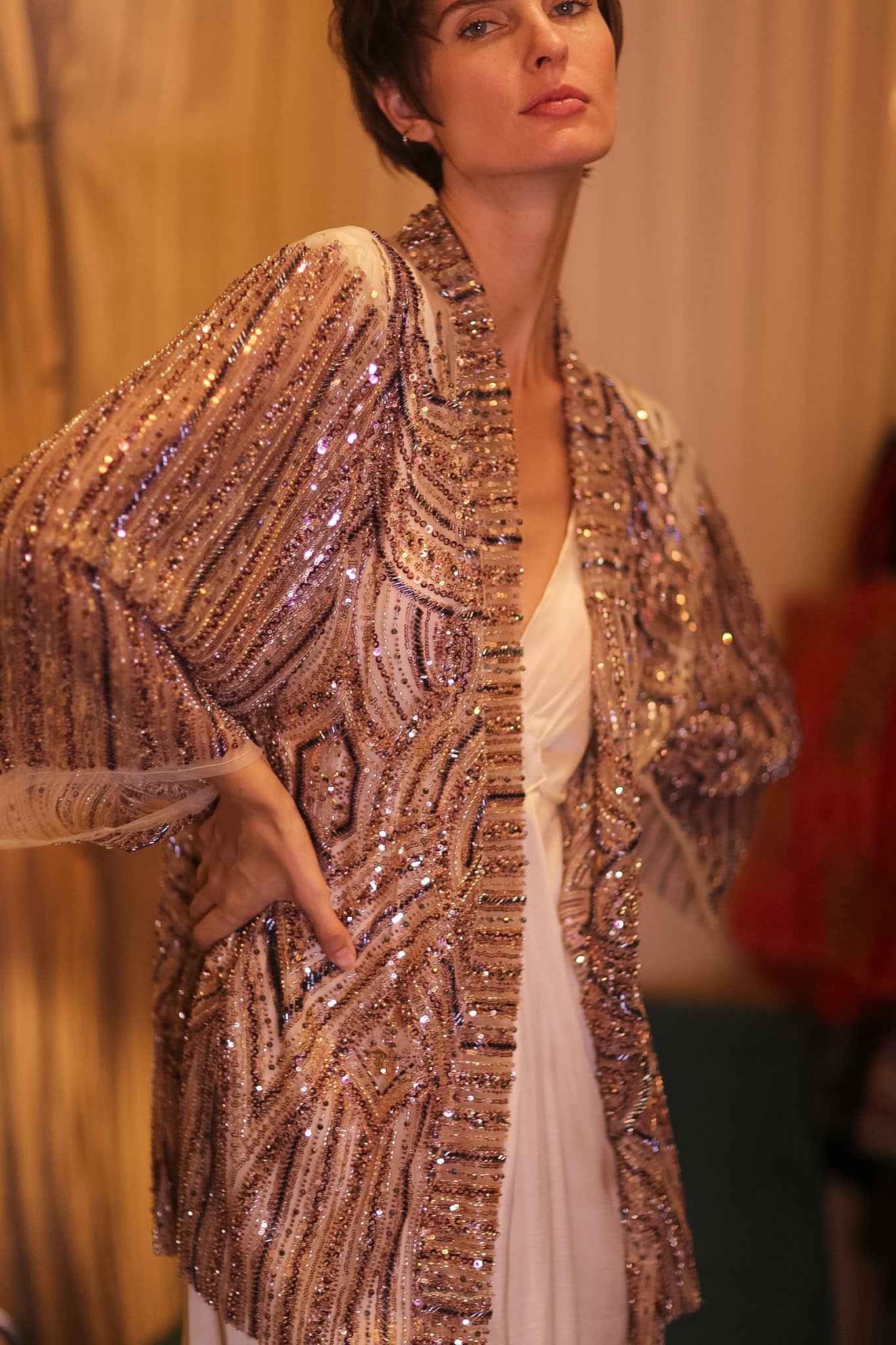 HEAVY SEQUIN EMBROIDERED SILK SHORT KIMONO WHITE FAIRY - BANGKOK TAILOR CLOTHING STORE - HANDMADE CLOTHING