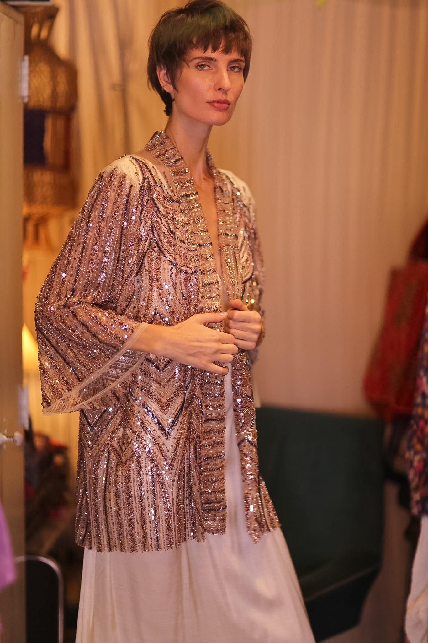 HEAVY SEQUIN EMBROIDERED SILK SHORT KIMONO WHITE FAIRY - BANGKOK TAILOR CLOTHING STORE - HANDMADE CLOTHING