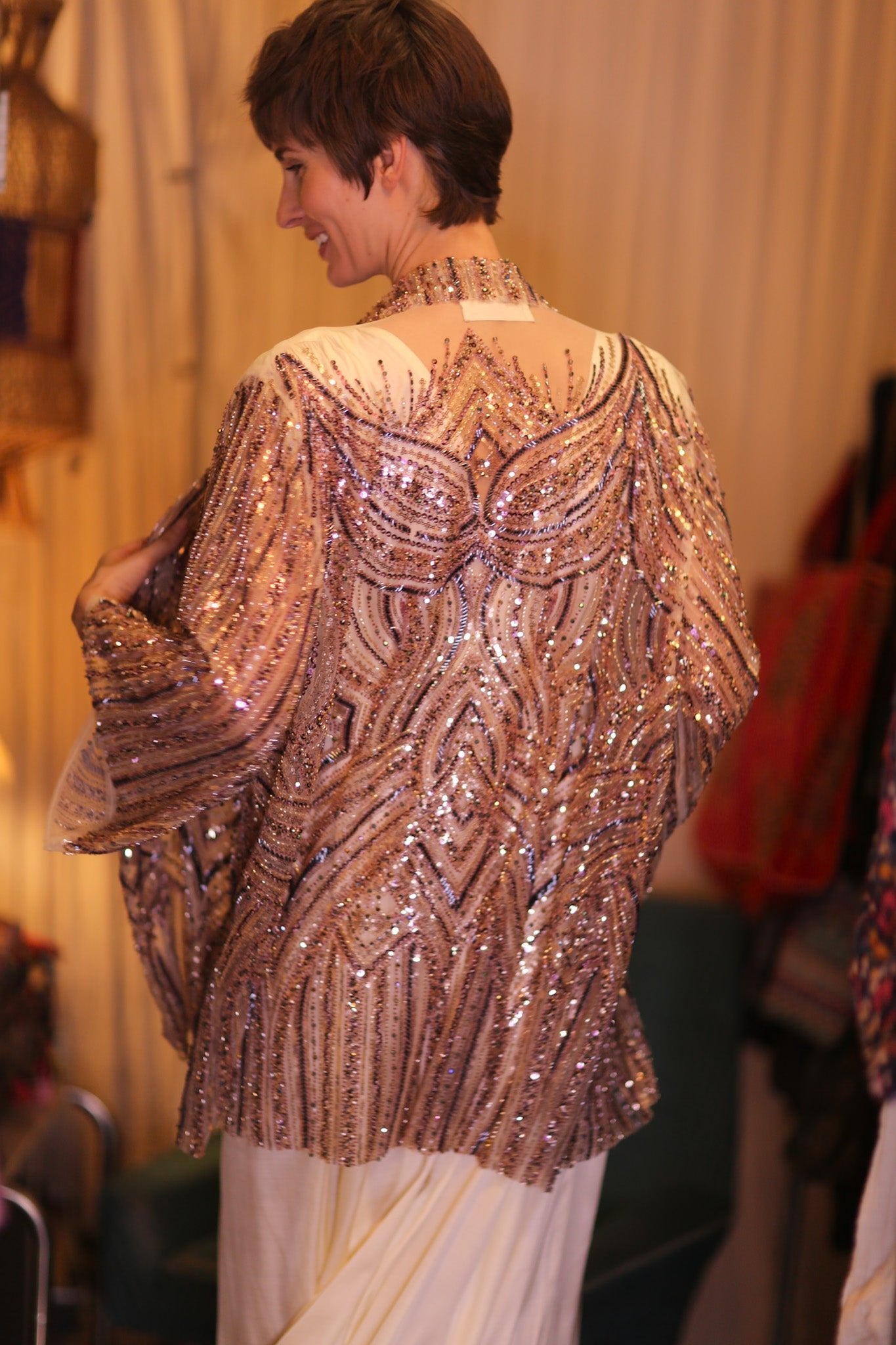 HEAVY SEQUIN EMBROIDERED SILK SHORT KIMONO WHITE FAIRY - BANGKOK TAILOR CLOTHING STORE - HANDMADE CLOTHING