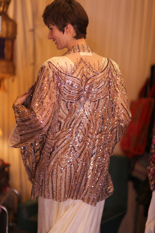 HEAVY SEQUIN EMBROIDERED SILK SHORT KIMONO WHITE FAIRY - BANGKOK TAILOR CLOTHING STORE - HANDMADE CLOTHING