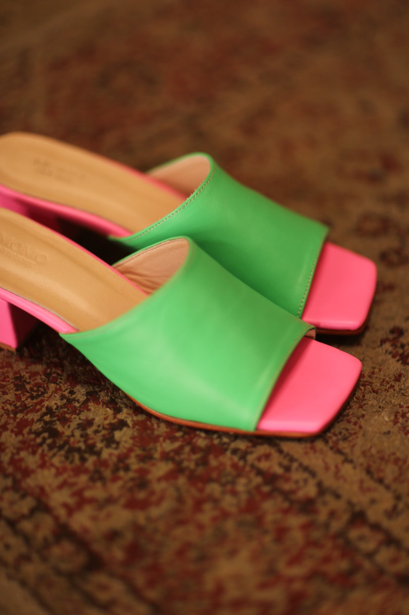 HEELED LEATHER MULES LORIN GREEN PINK - BANGKOK TAILOR CLOTHING STORE - HANDMADE CLOTHING