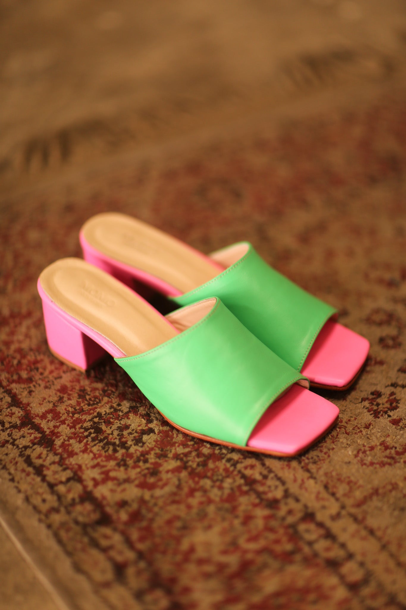 HEELED LEATHER MULES LORIN GREEN PINK - BANGKOK TAILOR CLOTHING STORE - HANDMADE CLOTHING