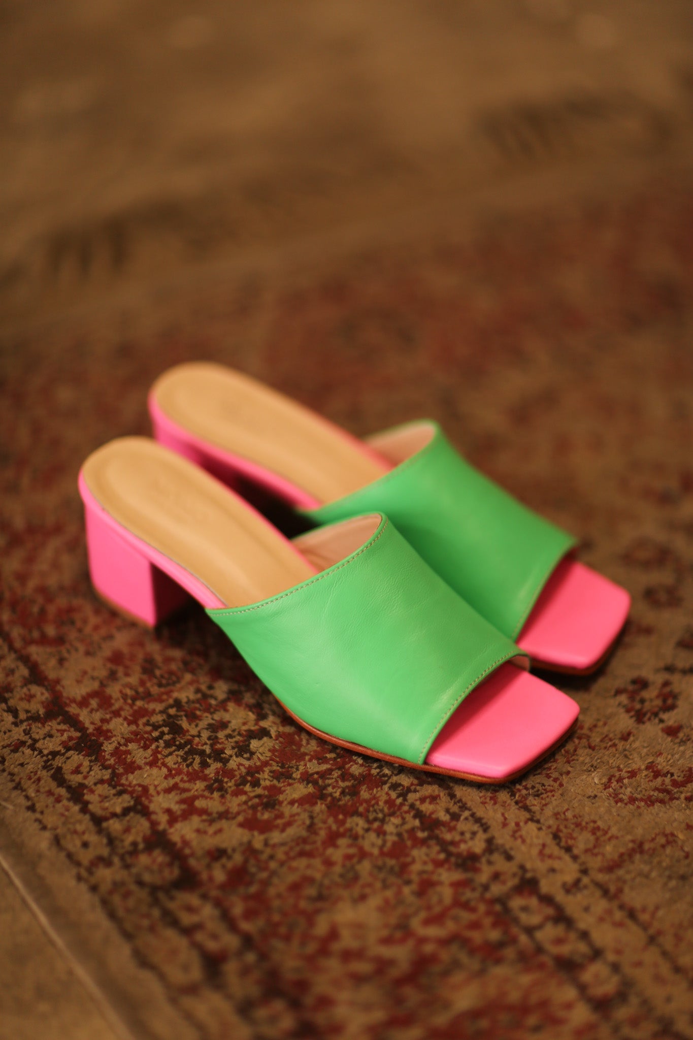 HEELED LEATHER MULES LORIN GREEN PINK - BANGKOK TAILOR CLOTHING STORE - HANDMADE CLOTHING