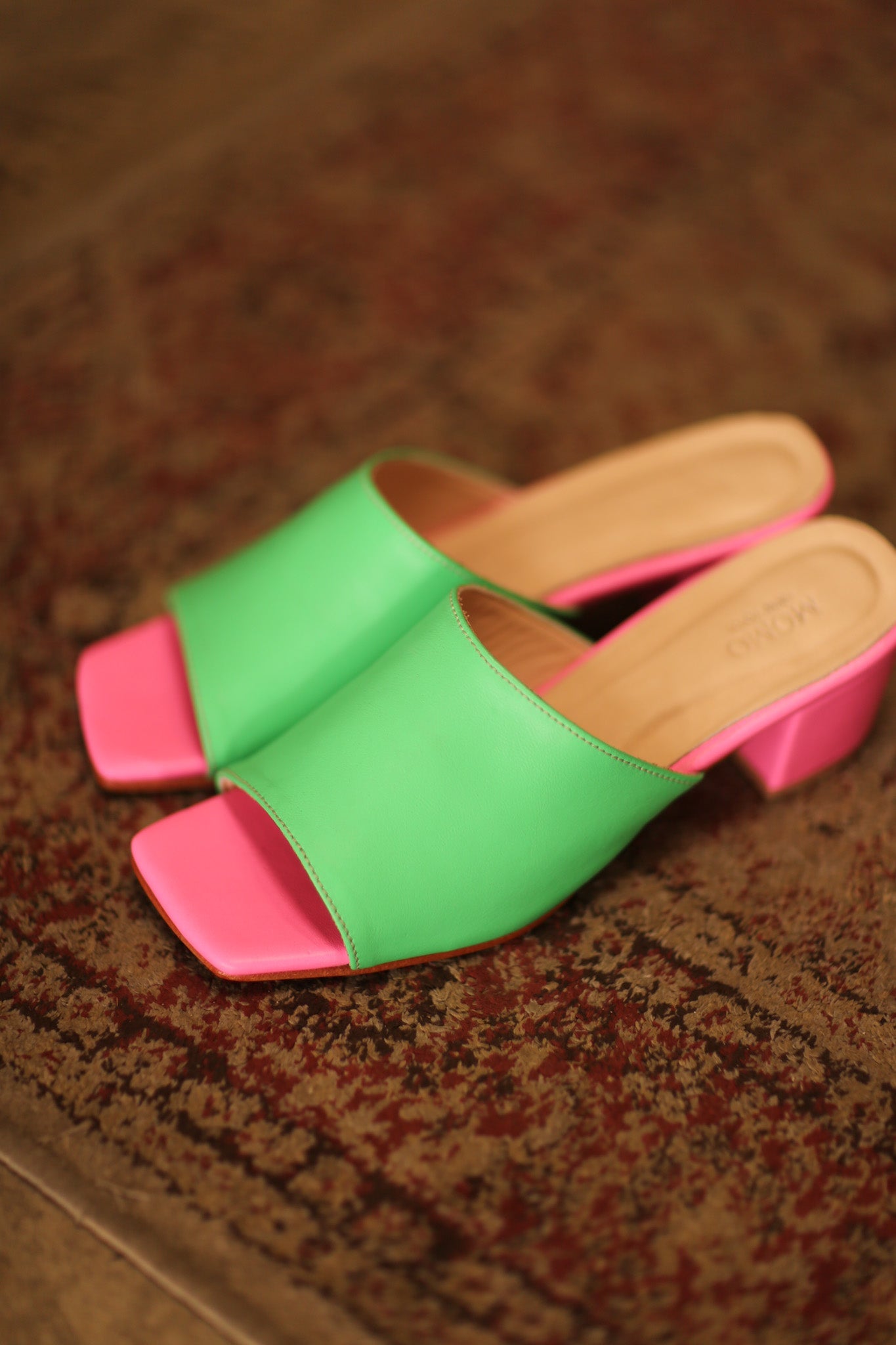 HEELED LEATHER MULES LORIN GREEN PINK - BANGKOK TAILOR CLOTHING STORE - HANDMADE CLOTHING