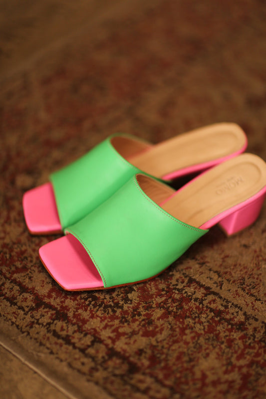 HEELED LEATHER MULES LORIN GREEN PINK - BANGKOK TAILOR CLOTHING STORE - HANDMADE CLOTHING