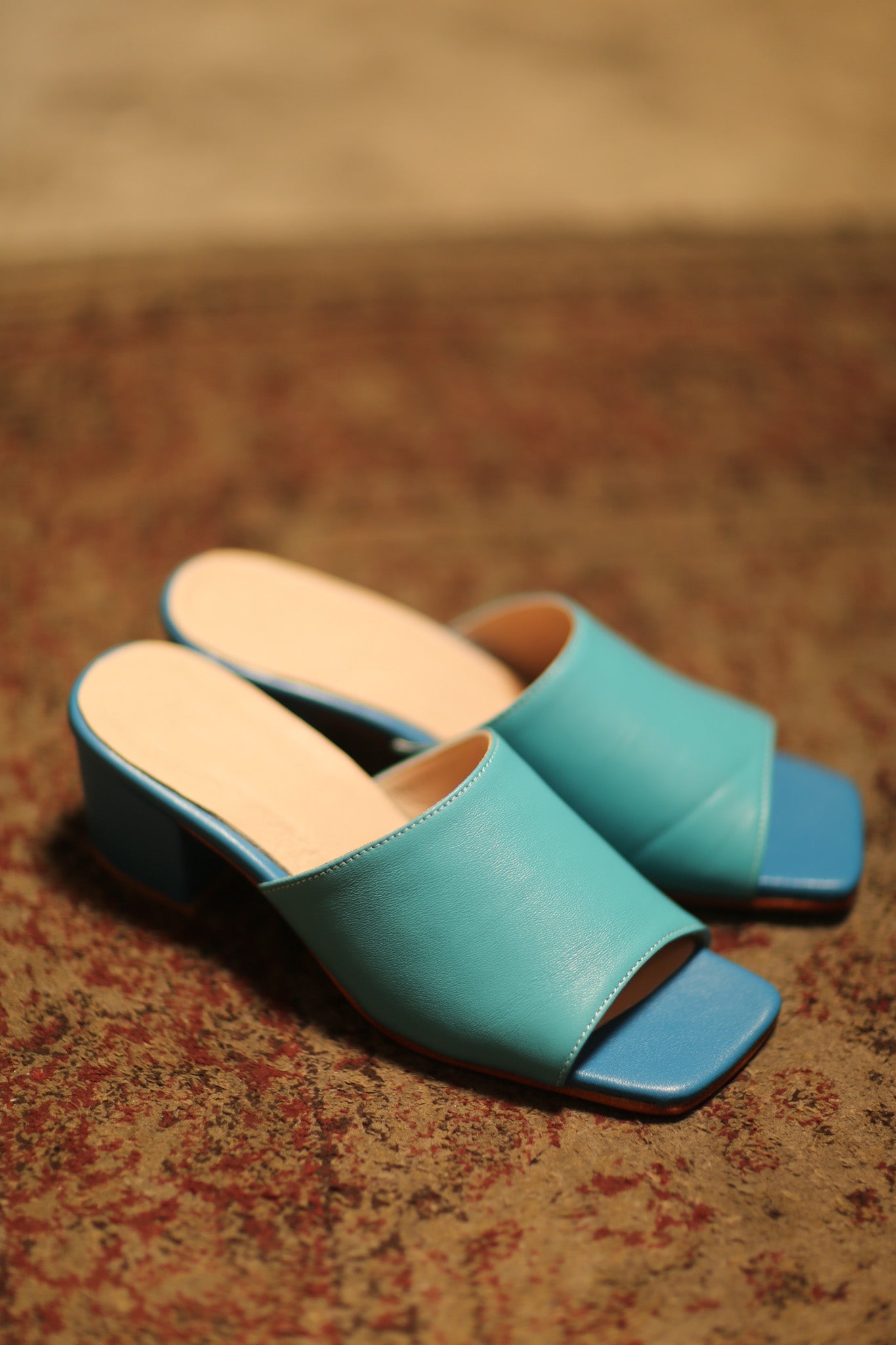HEELED LEATHER MULES TURQUOISE AQUA BLUE - BANGKOK TAILOR CLOTHING STORE - HANDMADE CLOTHING