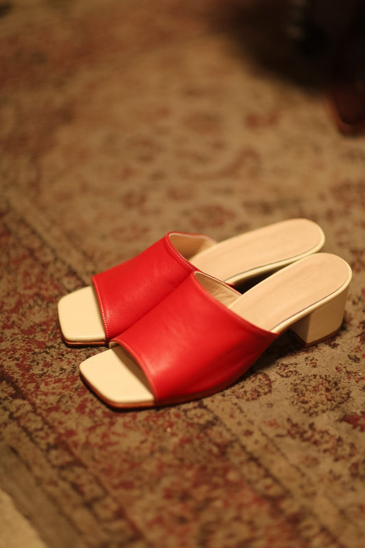 HEELED MULES LORIN RED CREAM - BANGKOK TAILOR CLOTHING STORE - HANDMADE CLOTHING