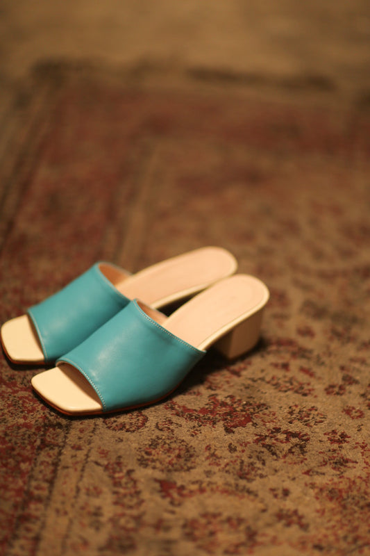 HEELED MULES LORIN TURQUOISE CREAM - BANGKOK TAILOR CLOTHING STORE - HANDMADE CLOTHING