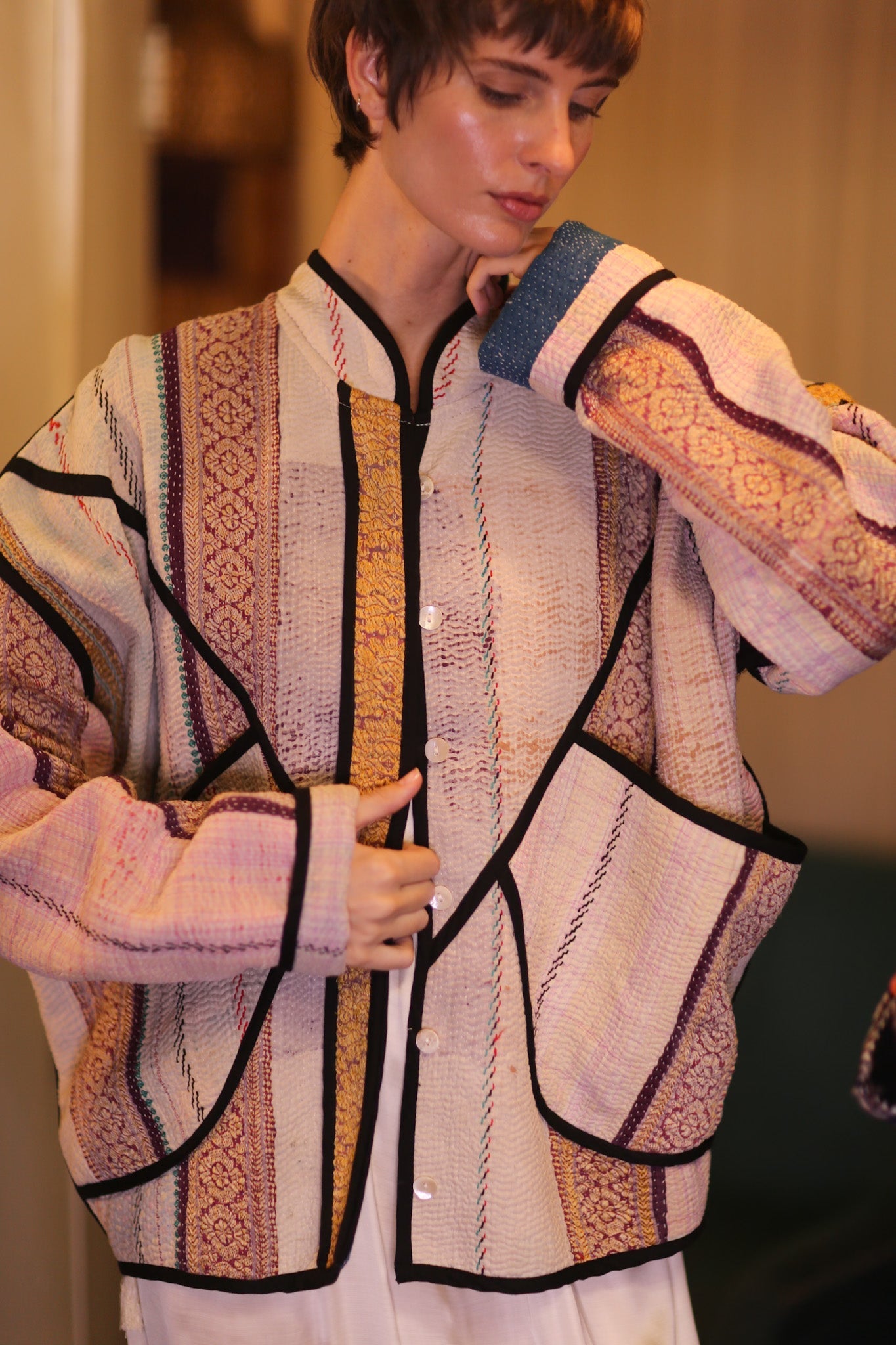 KANTHA BOMBER JACKET PINKGOLD - BANGKOK TAILOR CLOTHING STORE - HANDMADE CLOTHING