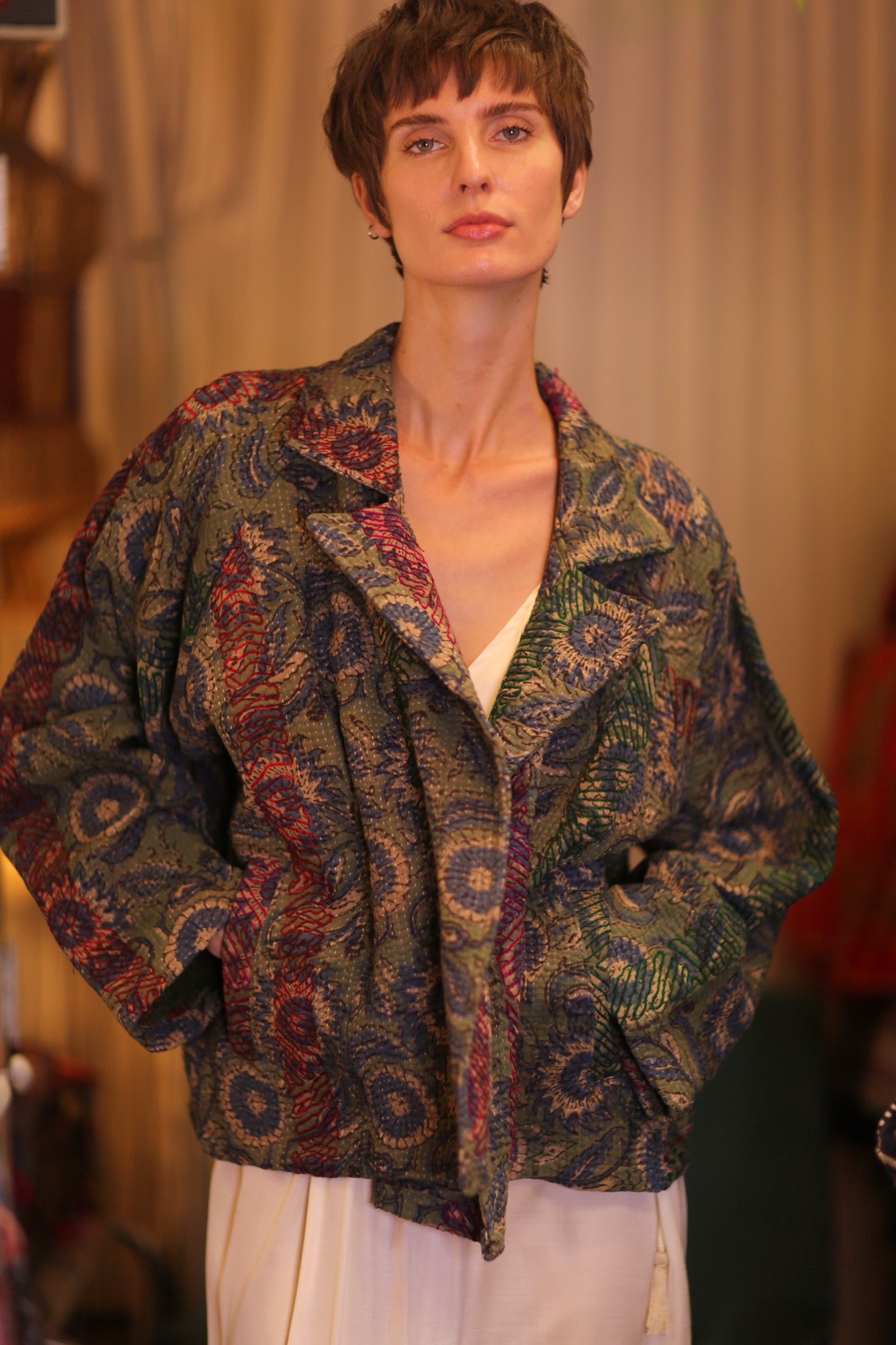 KANTHA FLORAL JACKET GREOGY - BANGKOK TAILOR CLOTHING STORE - HANDMADE CLOTHING