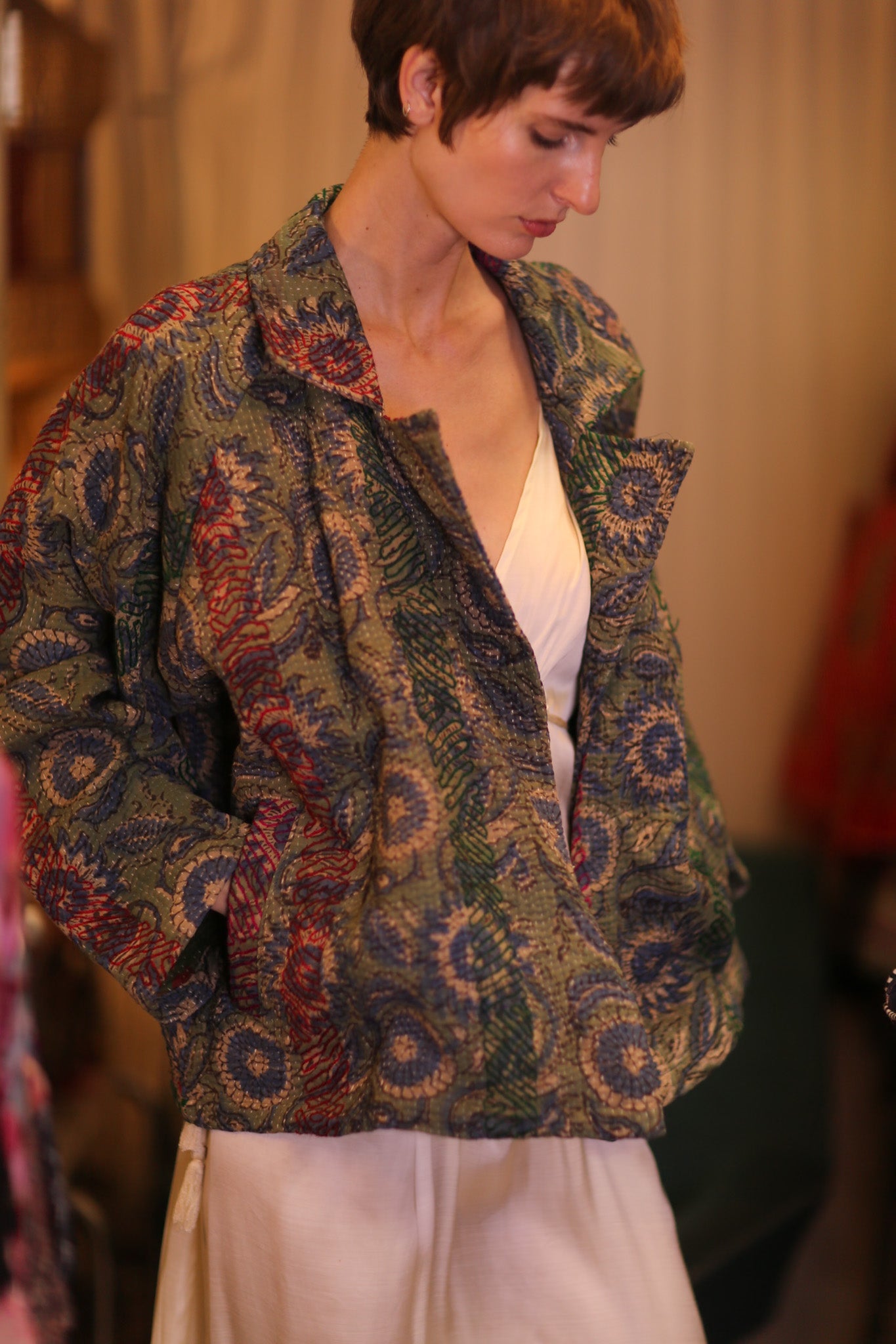 KANTHA FLORAL JACKET GREOGY - BANGKOK TAILOR CLOTHING STORE - HANDMADE CLOTHING