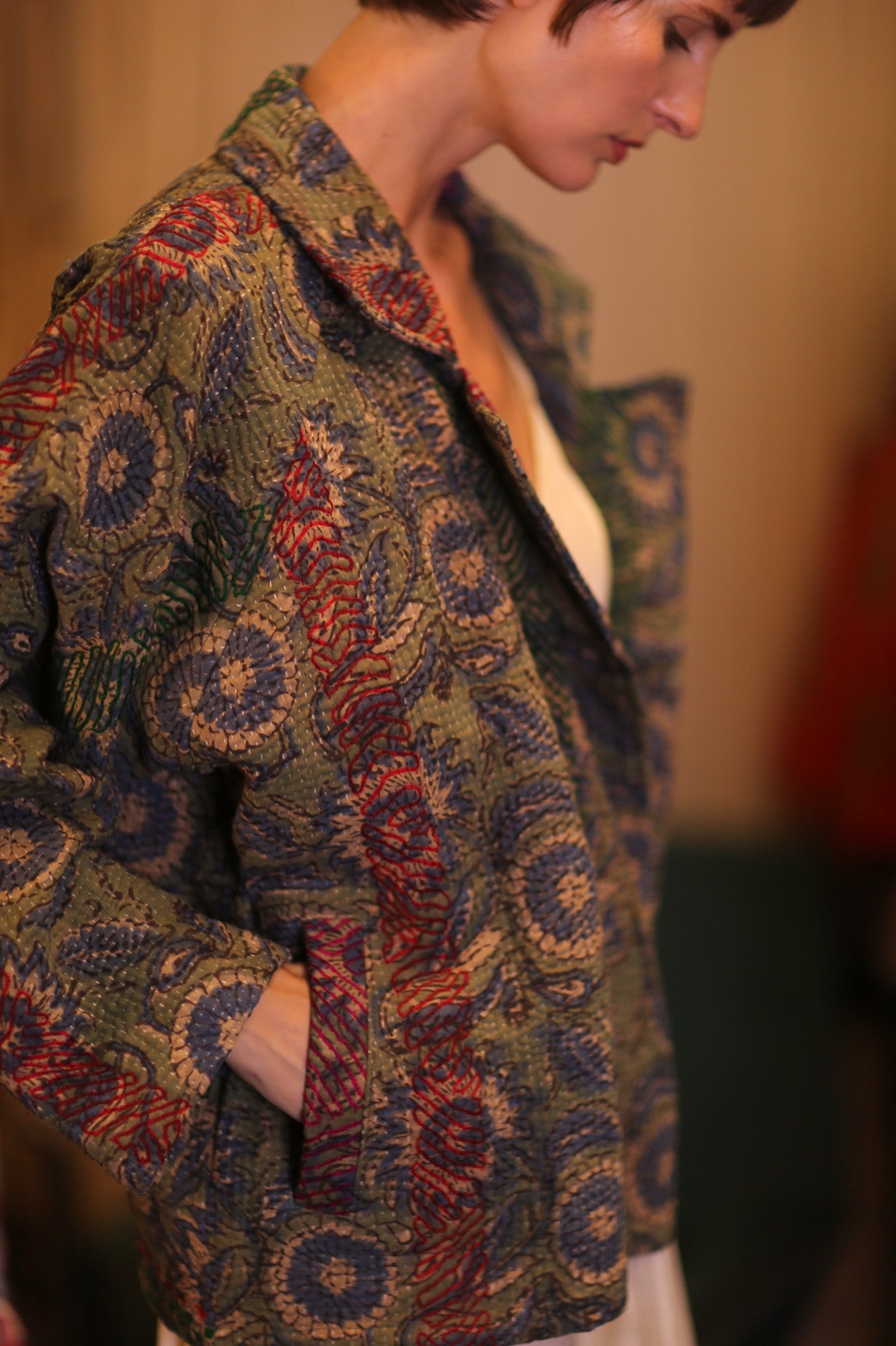 KANTHA FLORAL JACKET GREOGY - BANGKOK TAILOR CLOTHING STORE - HANDMADE CLOTHING