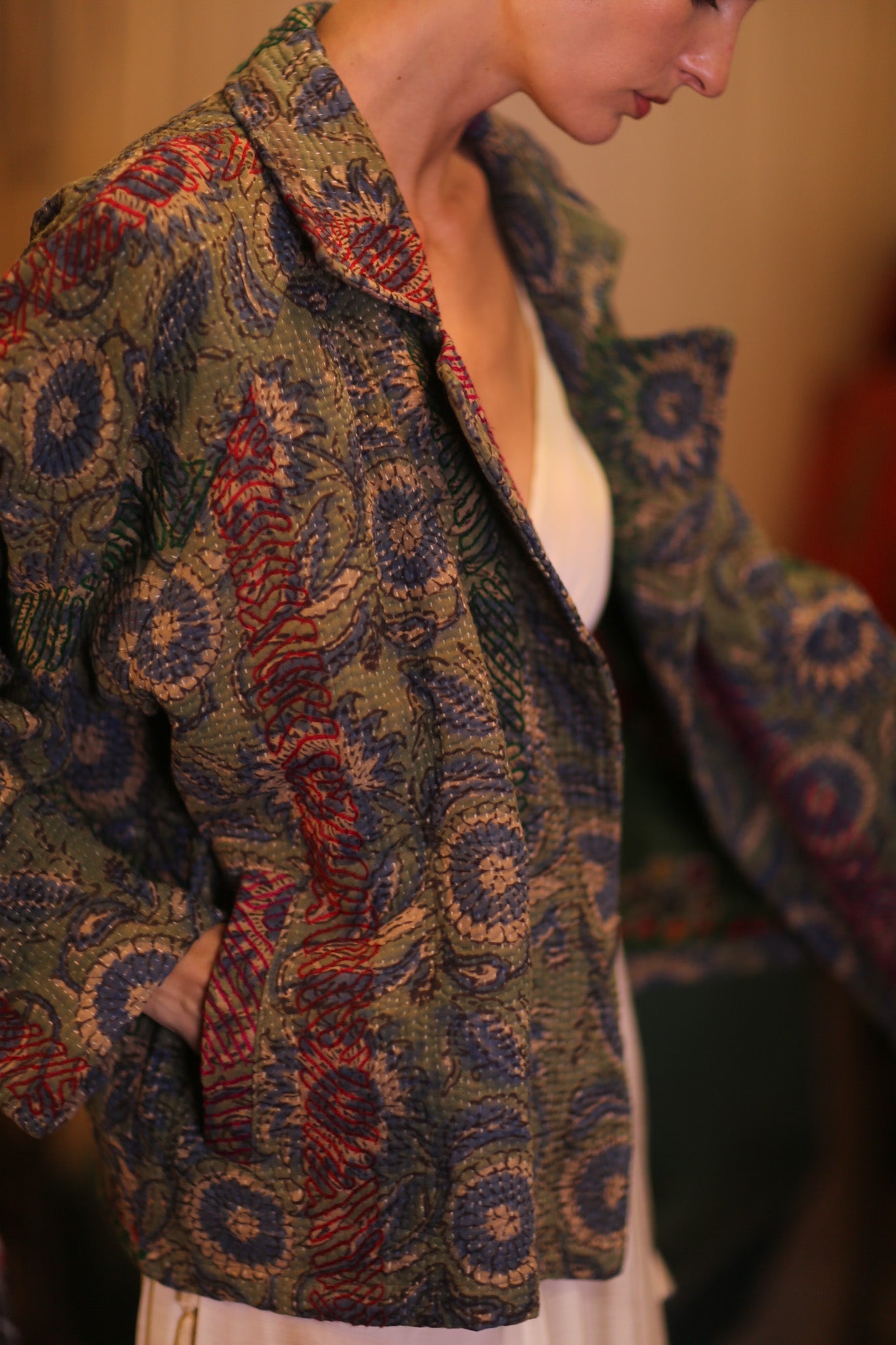 KANTHA FLORAL JACKET GREOGY - BANGKOK TAILOR CLOTHING STORE - HANDMADE CLOTHING