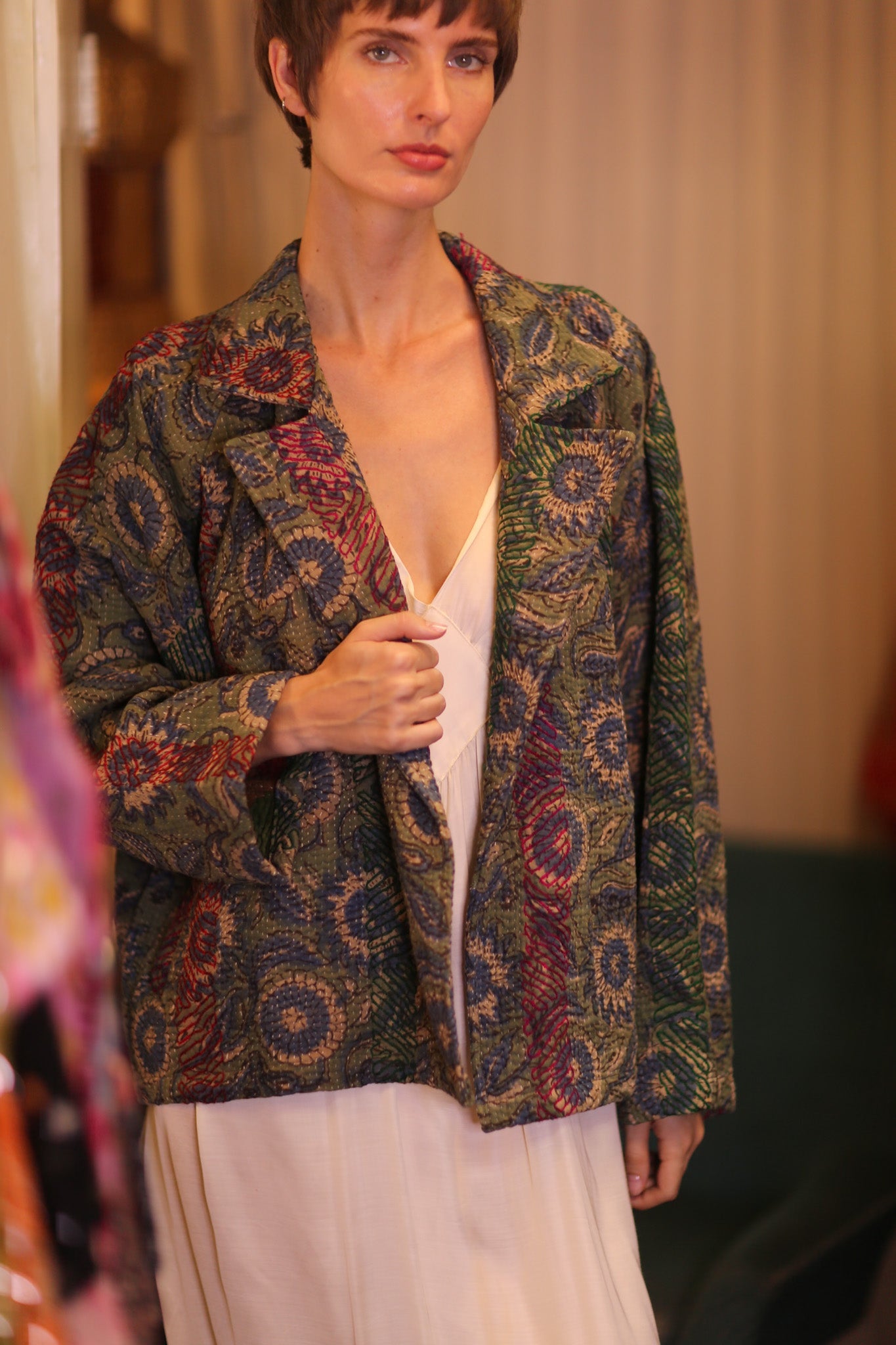 KANTHA FLORAL JACKET GREOGY - BANGKOK TAILOR CLOTHING STORE - HANDMADE CLOTHING