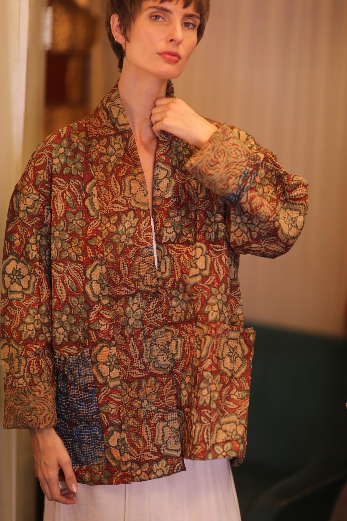 KANTHA KIMONO JACKET FLORAL GITTI - BANGKOK TAILOR CLOTHING STORE - HANDMADE CLOTHING