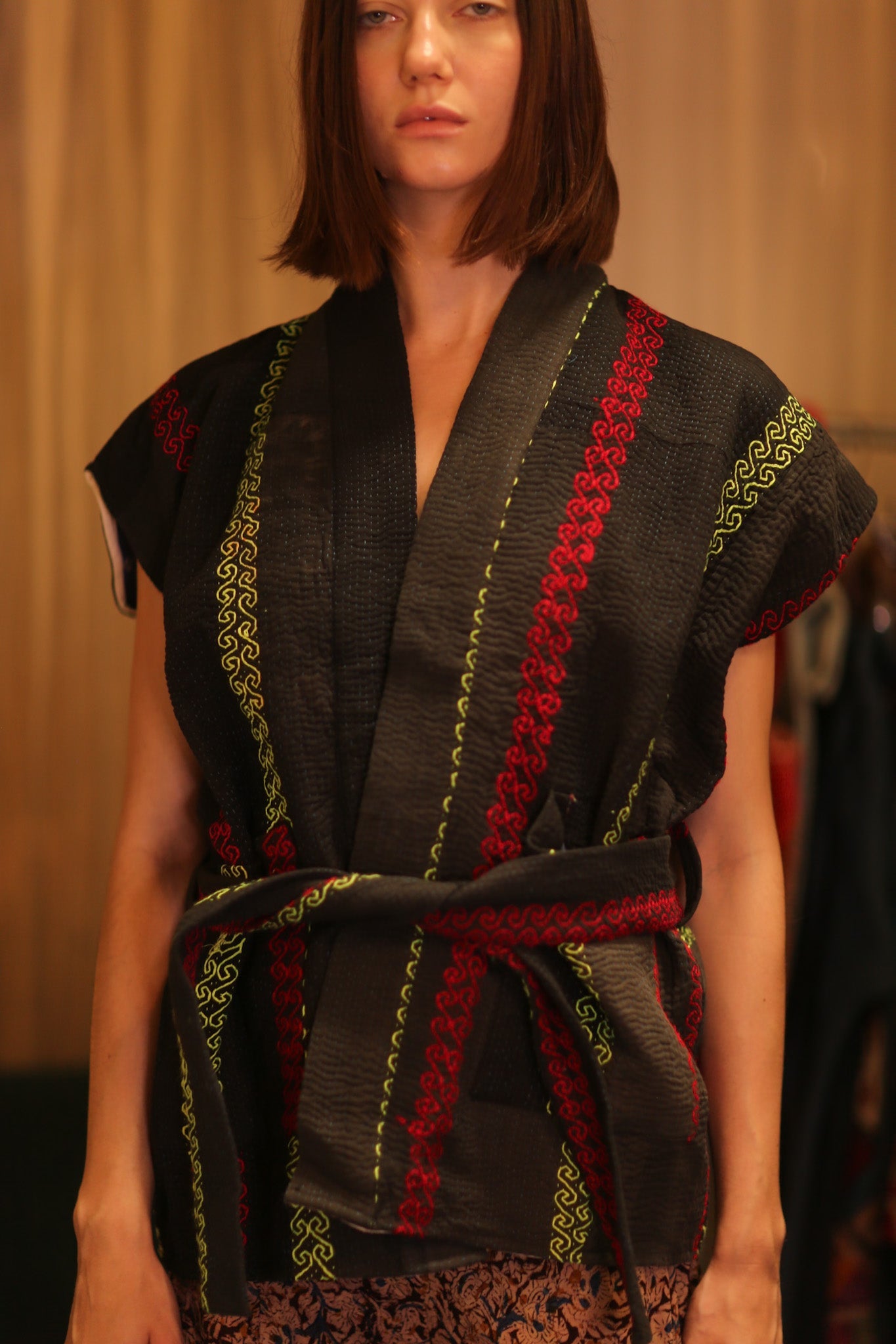 Kantha Short KIMONO WITH BELT MALA - BANGKOK TAILOR CLOTHING STORE - HANDMADE CLOTHING
