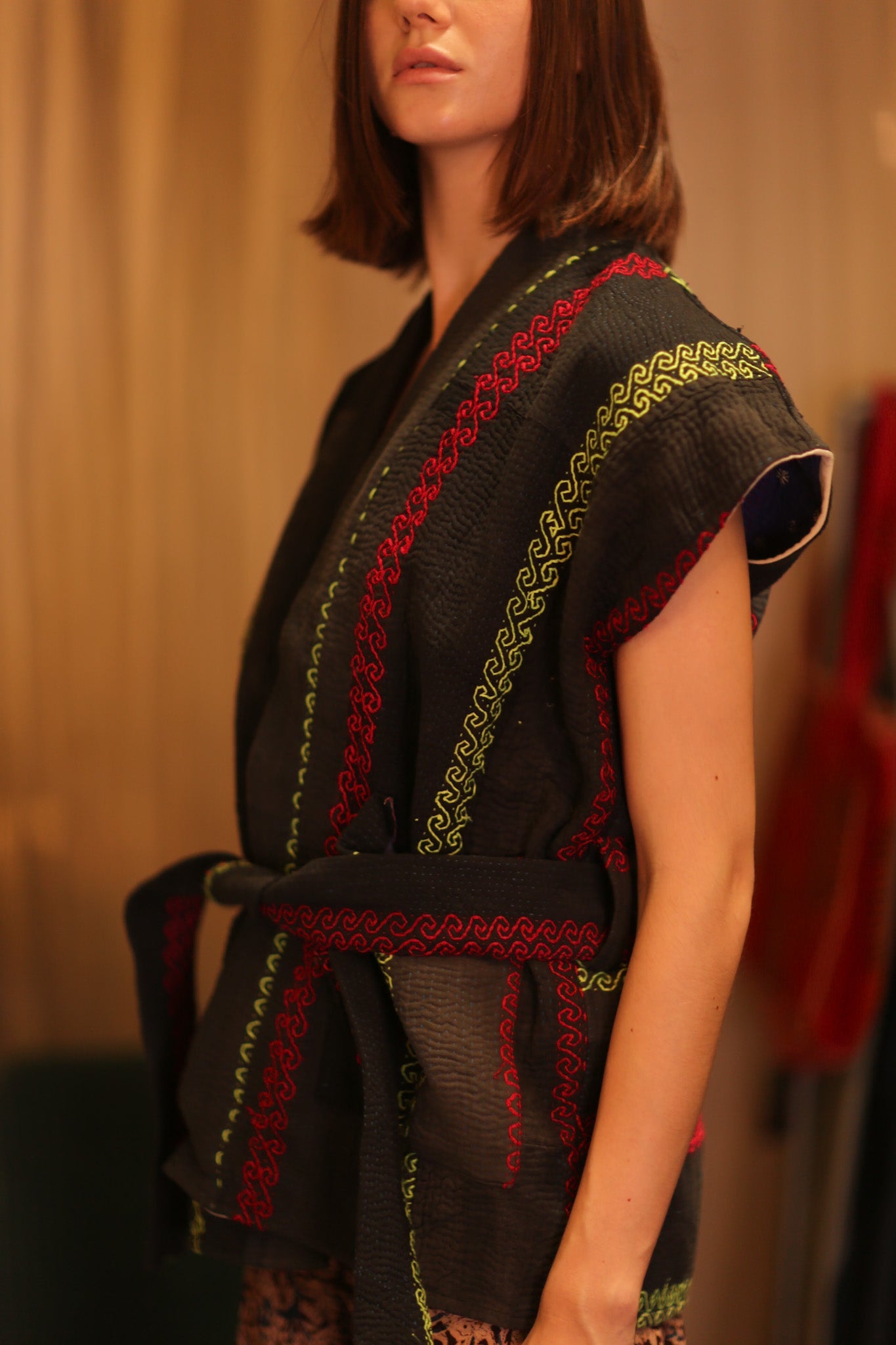 Kantha Short KIMONO WITH BELT MALA - BANGKOK TAILOR CLOTHING STORE - HANDMADE CLOTHING