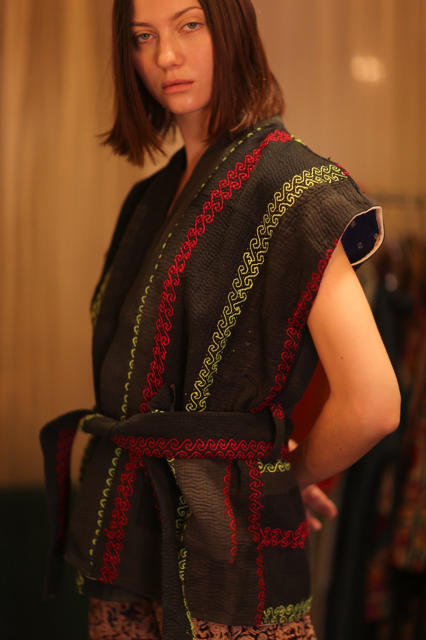 Kantha Short KIMONO WITH BELT MALA - BANGKOK TAILOR CLOTHING STORE - HANDMADE CLOTHING