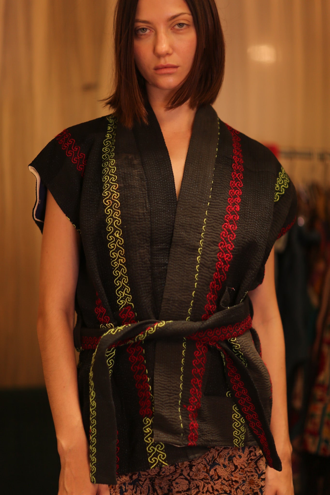 Kantha Short KIMONO WITH BELT MALA - BANGKOK TAILOR CLOTHING STORE - HANDMADE CLOTHING