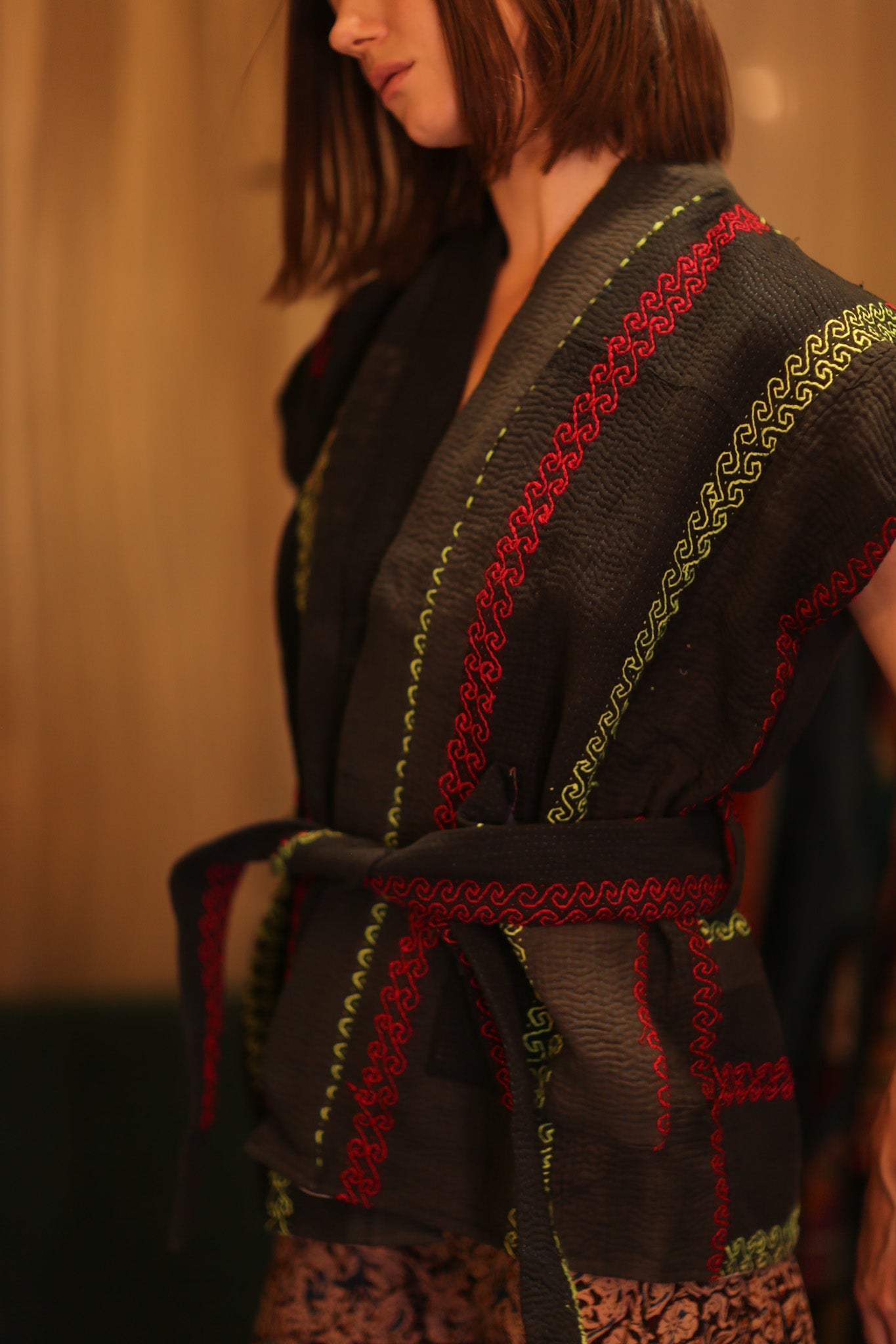 Kantha Short KIMONO WITH BELT MALA - BANGKOK TAILOR CLOTHING STORE - HANDMADE CLOTHING
