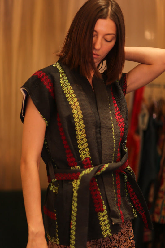 Kantha Short KIMONO WITH BELT MALA - BANGKOK TAILOR CLOTHING STORE - HANDMADE CLOTHING