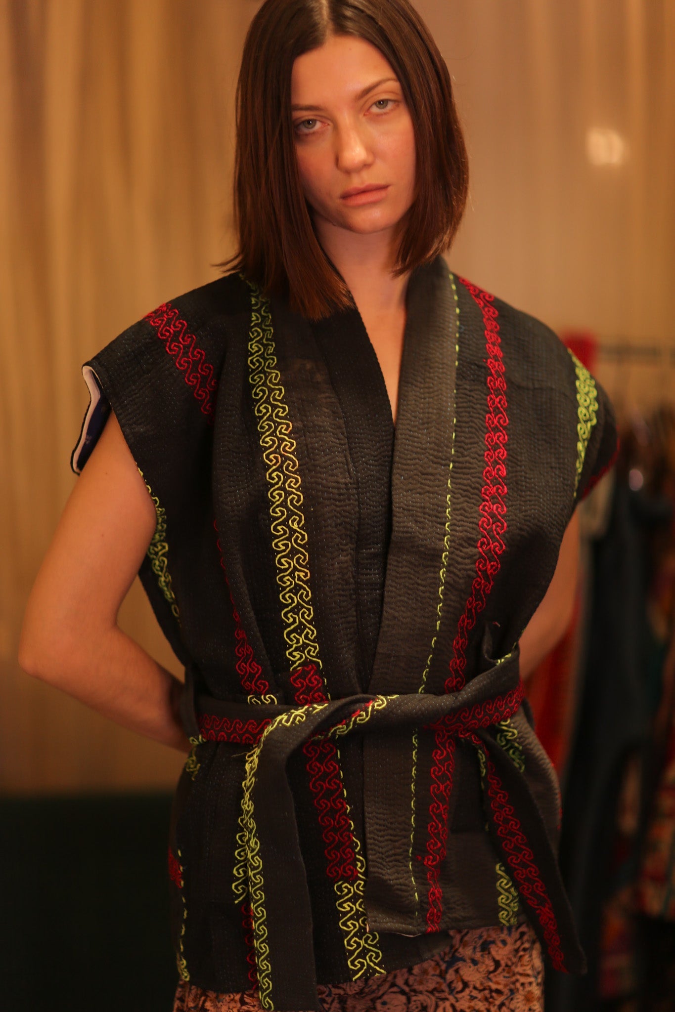 Kantha Short KIMONO WITH BELT MALA - BANGKOK TAILOR CLOTHING STORE - HANDMADE CLOTHING