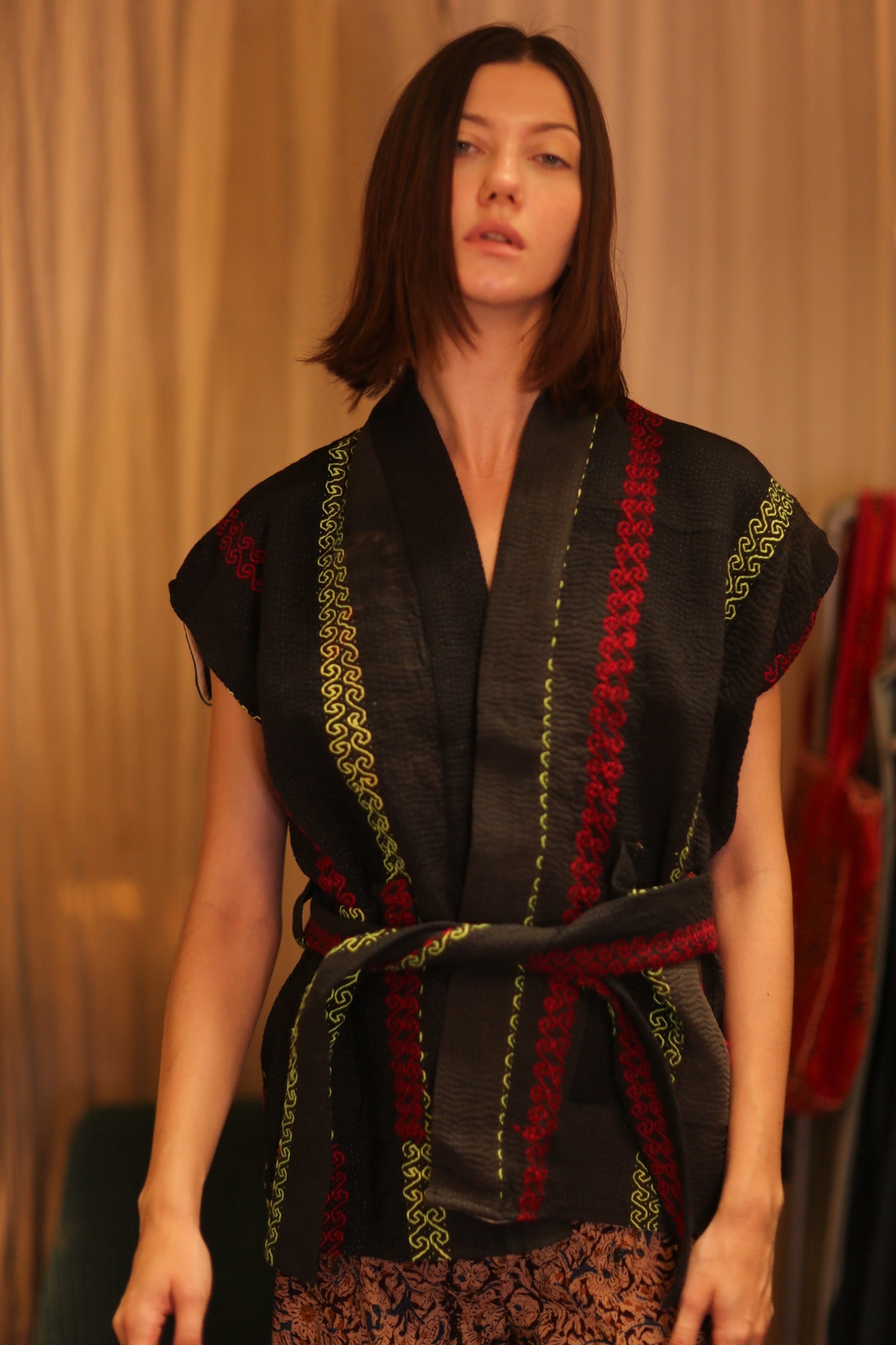 Kantha Short KIMONO WITH BELT MALA - BANGKOK TAILOR CLOTHING STORE - HANDMADE CLOTHING