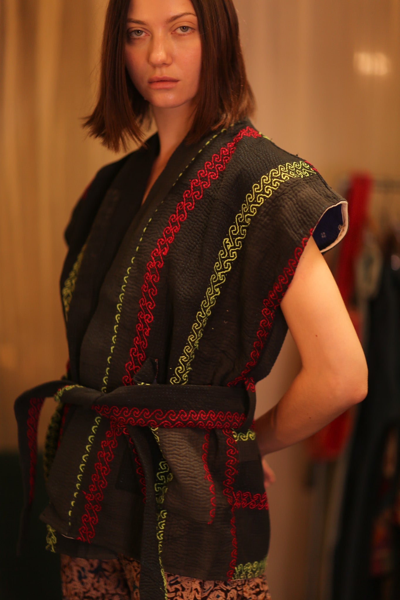 Kantha Short KIMONO WITH BELT MALA - BANGKOK TAILOR CLOTHING STORE - HANDMADE CLOTHING