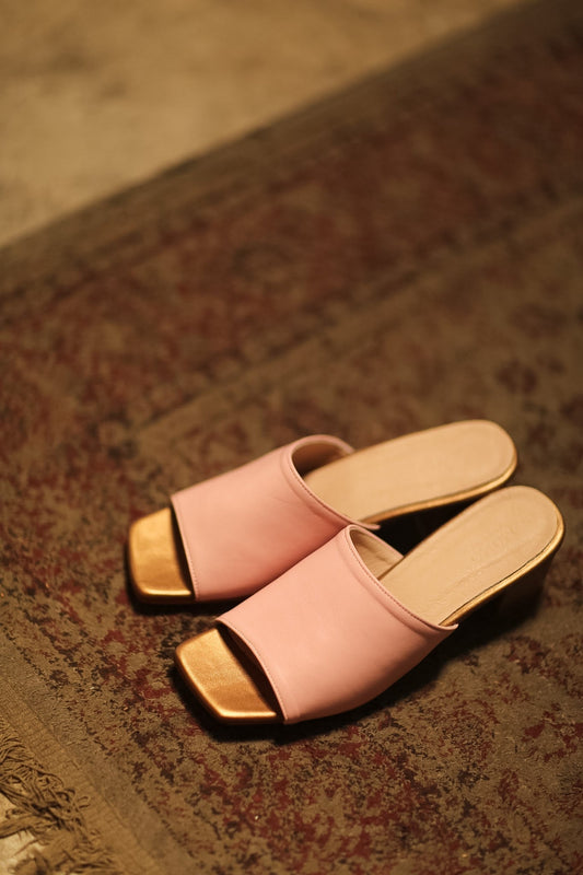 LEATHER HEELED MULES LORIN PINK GOLD - BANGKOK TAILOR CLOTHING STORE - HANDMADE CLOTHING