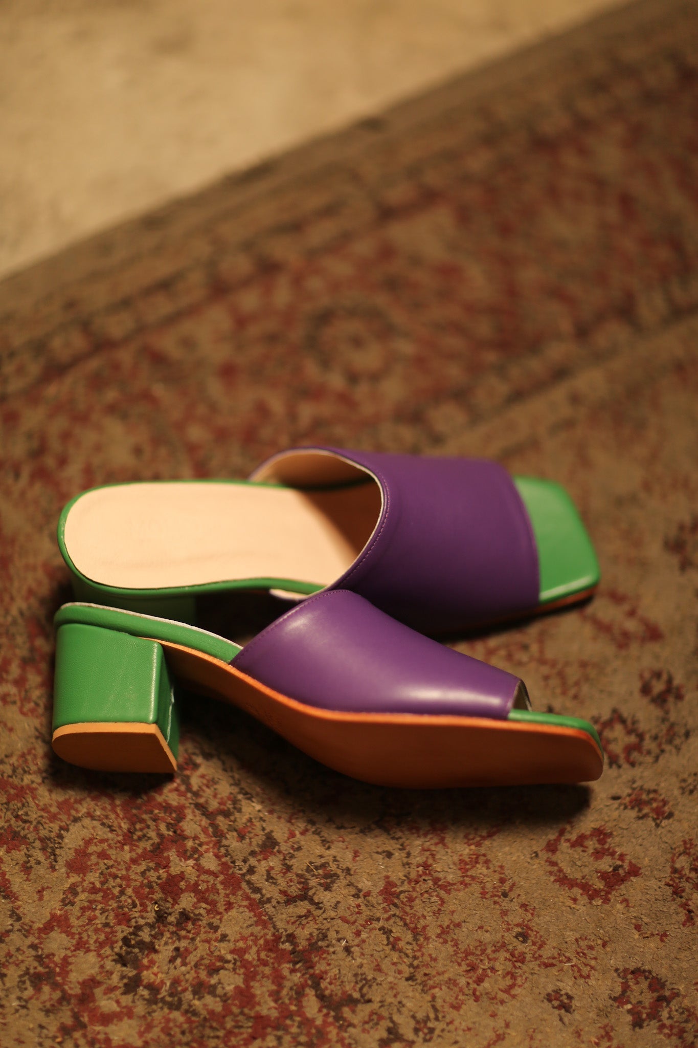 LEATHER HEELED MULES LORIN PURPLE GREEN - BANGKOK TAILOR CLOTHING STORE - HANDMADE CLOTHING