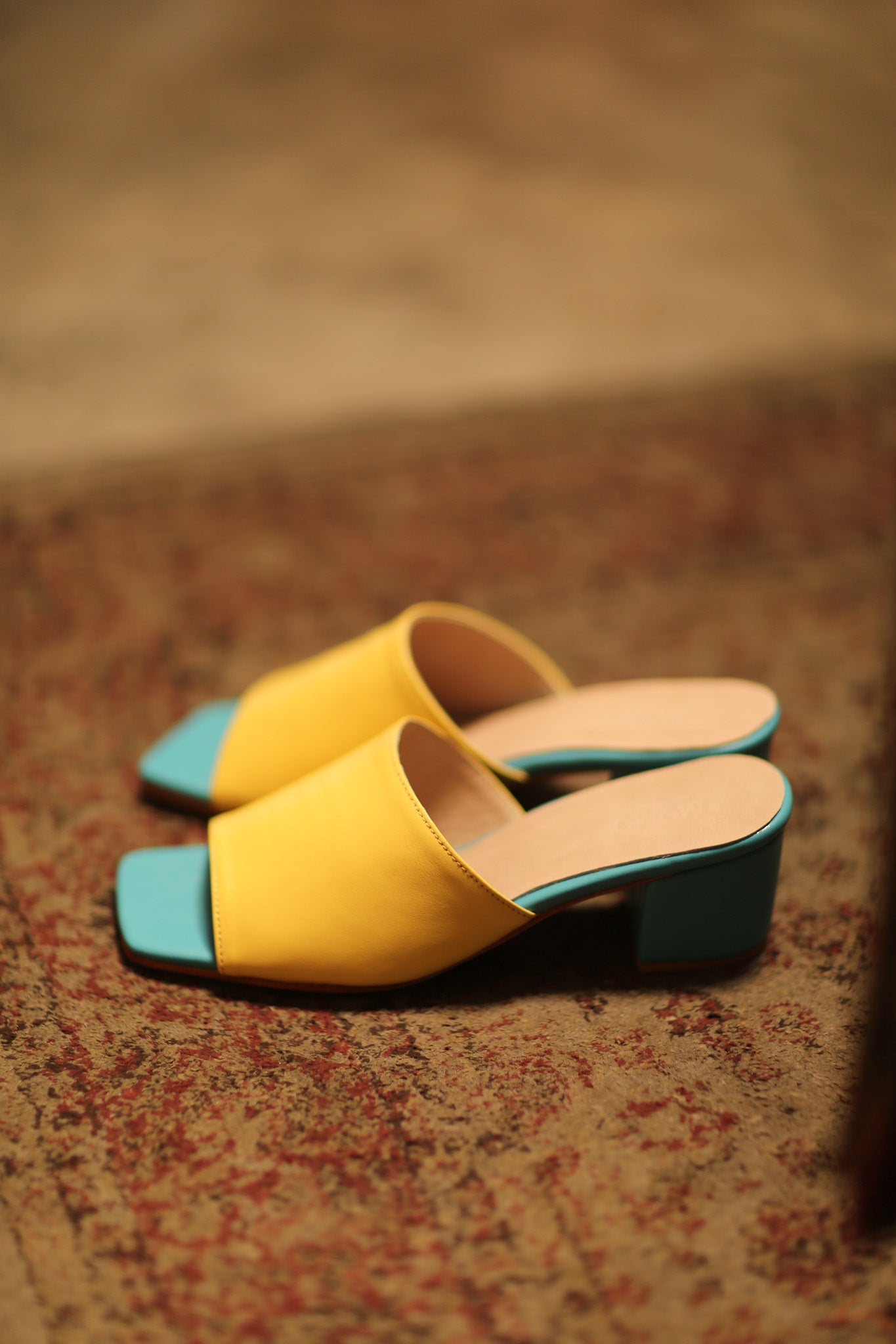 LEATHER HEELED MULES YELLOW TURQUOISE - BANGKOK TAILOR CLOTHING STORE - HANDMADE CLOTHING