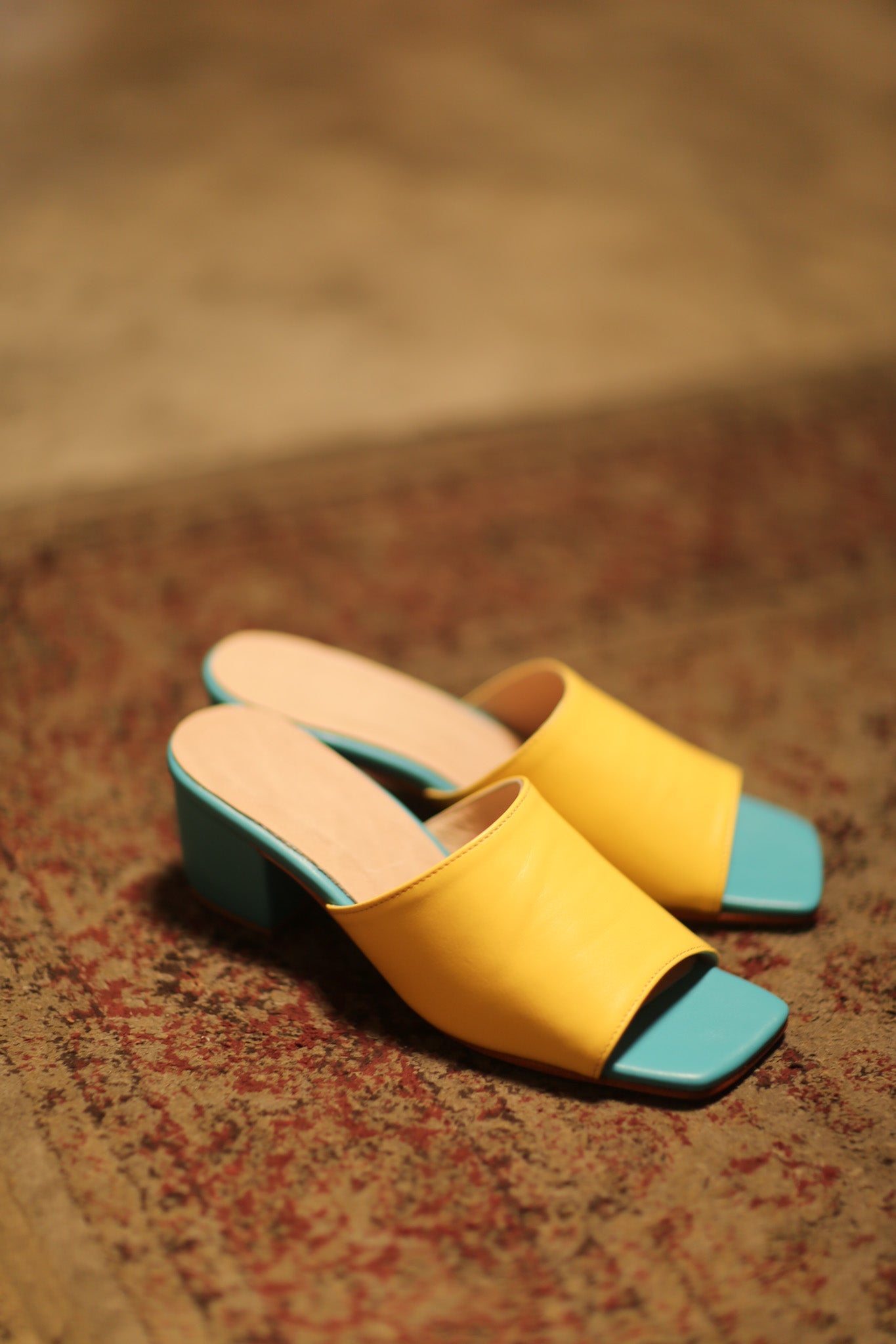 LEATHER HEELED MULES YELLOW TURQUOISE - BANGKOK TAILOR CLOTHING STORE - HANDMADE CLOTHING