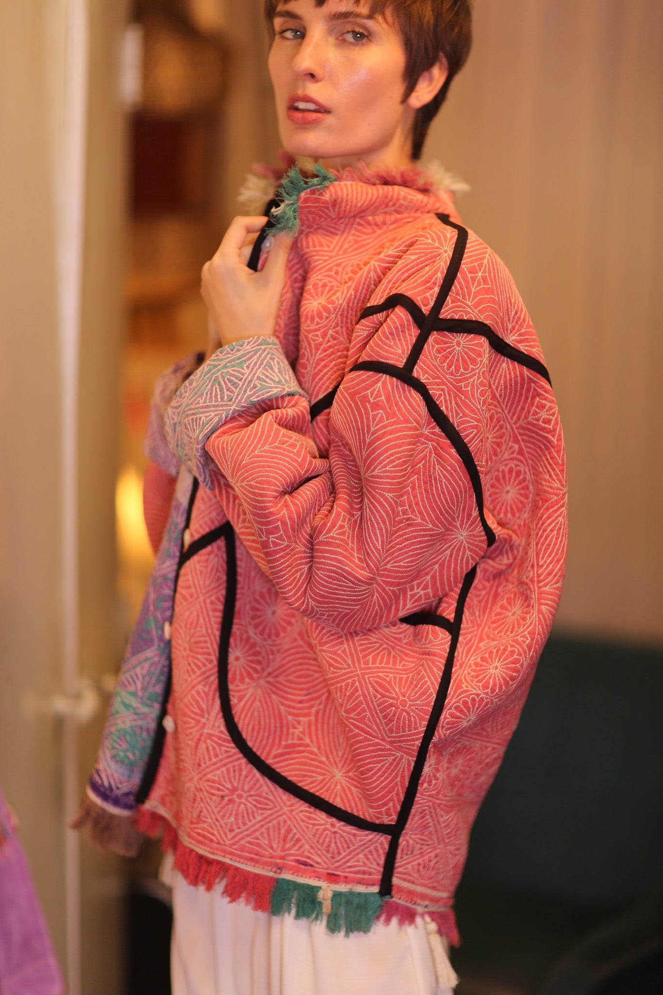 LIGHT RED KANTHA BOMBER JACKET DIRUN - BANGKOK TAILOR CLOTHING STORE - HANDMADE CLOTHING