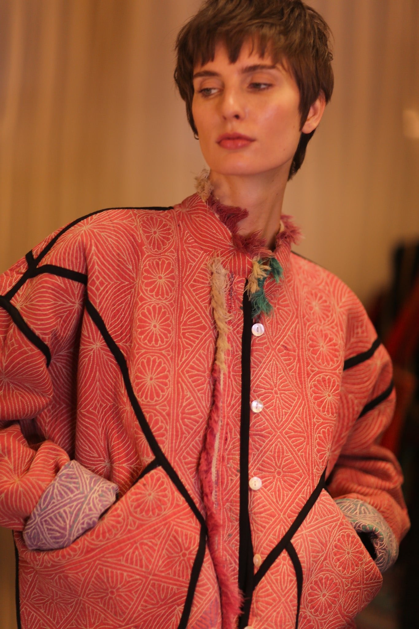 LIGHT RED KANTHA BOMBER JACKET DIRUN - BANGKOK TAILOR CLOTHING STORE - HANDMADE CLOTHING