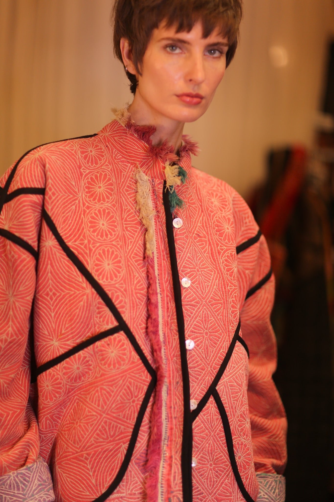 LIGHT RED KANTHA BOMBER JACKET DIRUN - BANGKOK TAILOR CLOTHING STORE - HANDMADE CLOTHING