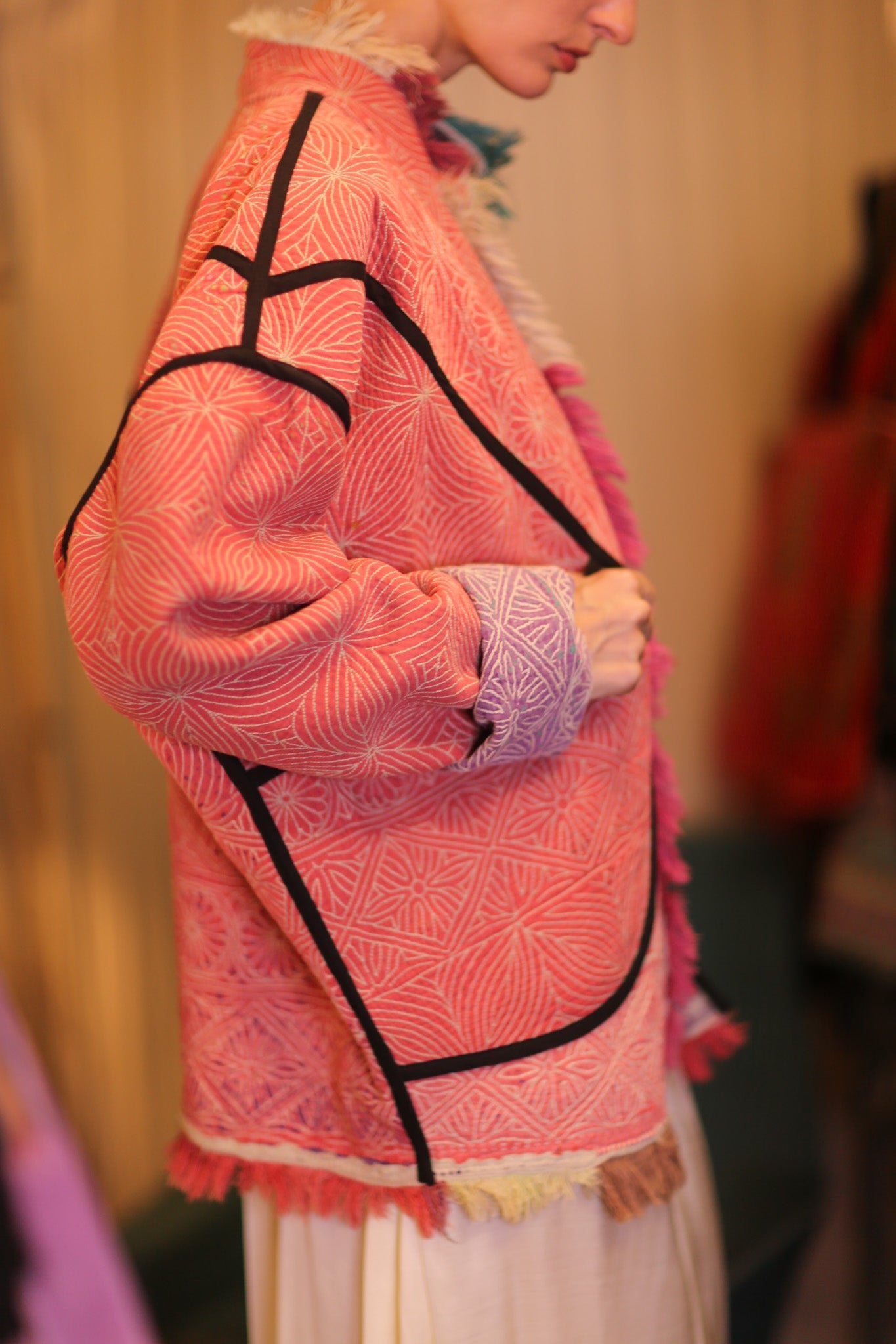 LIGHT RED KANTHA BOMBER JACKET DIRUN - BANGKOK TAILOR CLOTHING STORE - HANDMADE CLOTHING