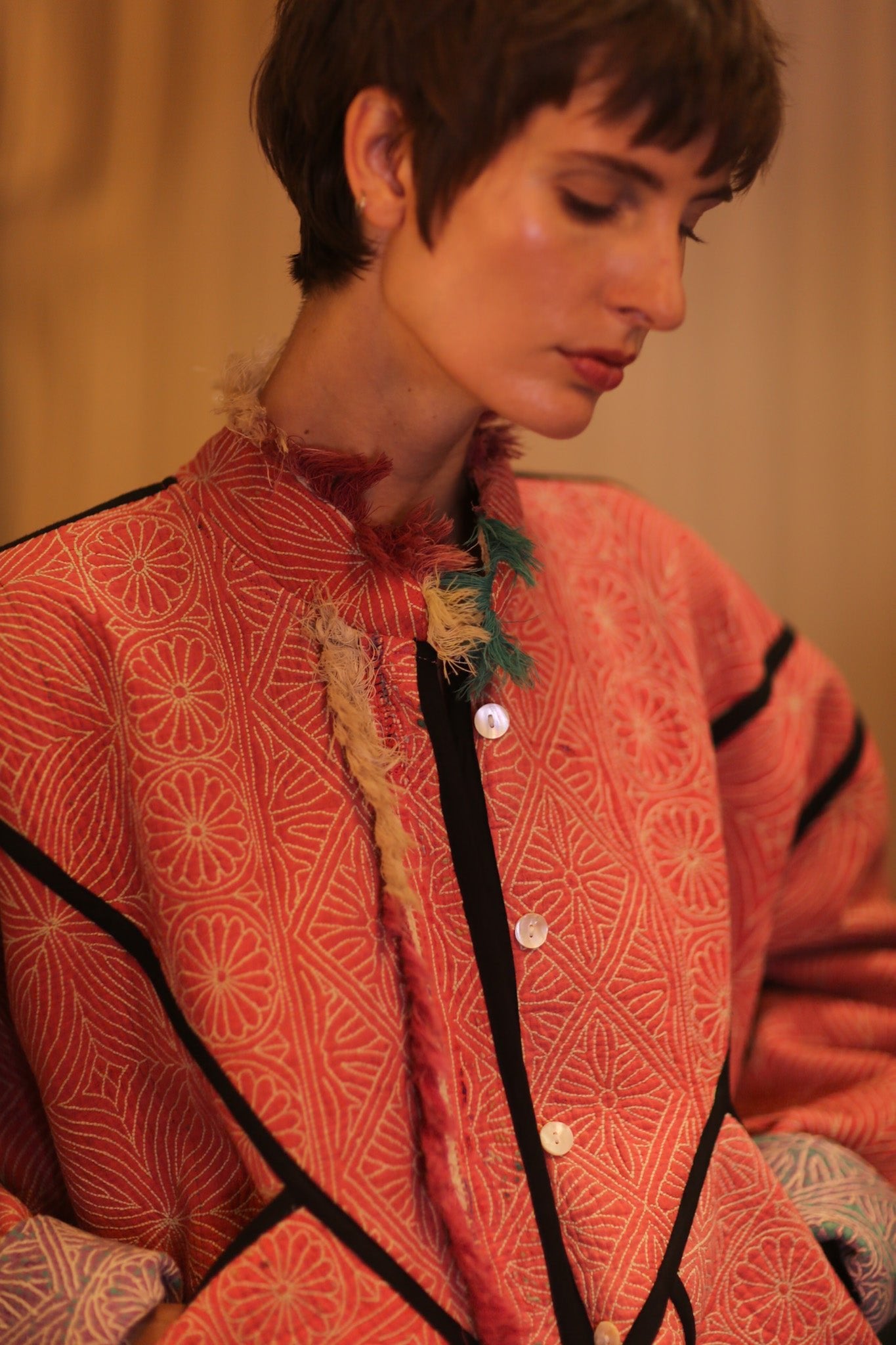 LIGHT RED KANTHA BOMBER JACKET DIRUN - BANGKOK TAILOR CLOTHING STORE - HANDMADE CLOTHING