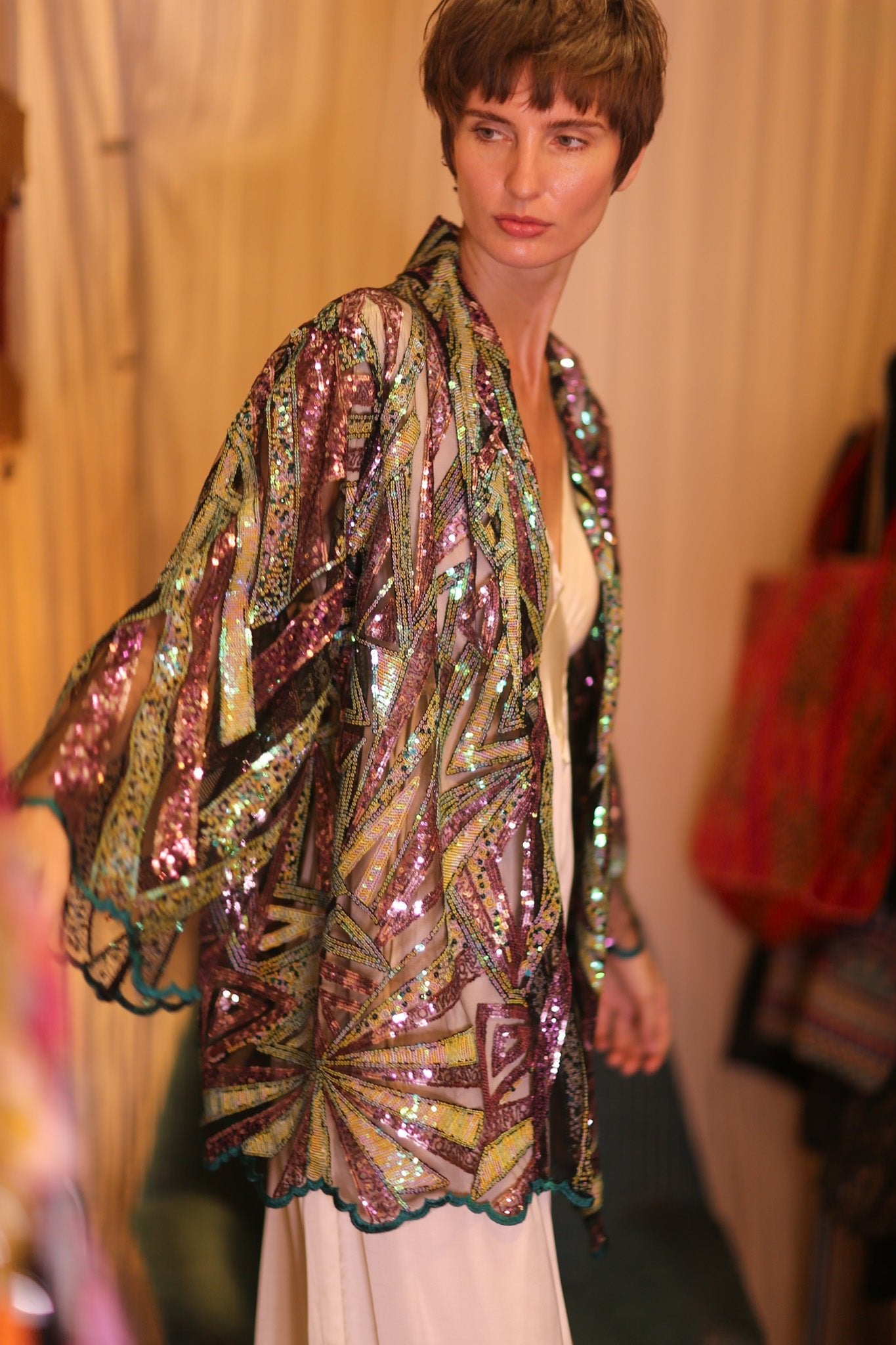 LIGHTNING SEQUIN SHORT KIMONO ILLUME - BANGKOK TAILOR CLOTHING STORE - HANDMADE CLOTHING
