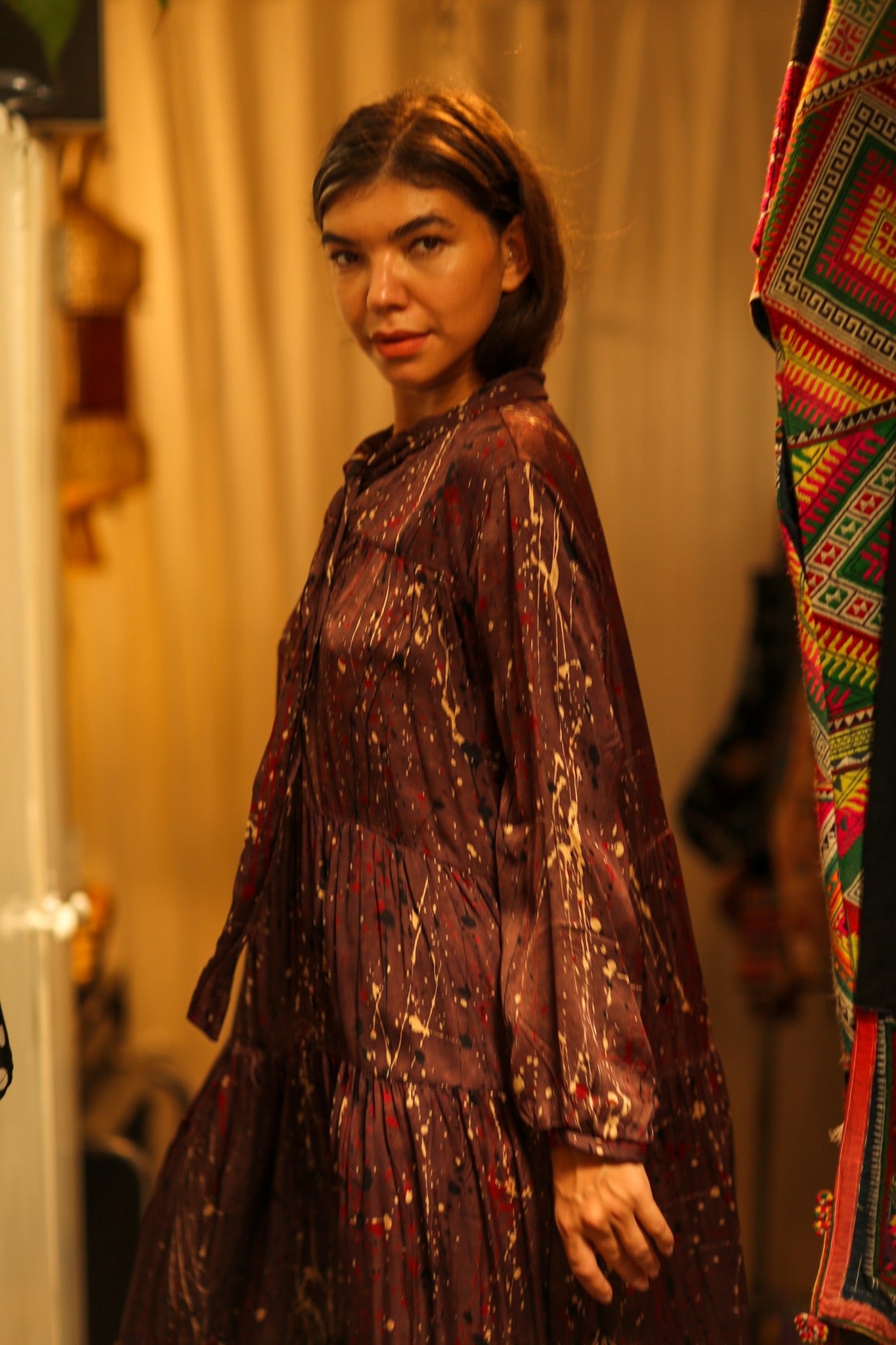 LOA SILK BUTTONED DRESS BURGUNDY POLLOCK - BANGKOK TAILOR CLOTHING STORE - HANDMADE CLOTHING