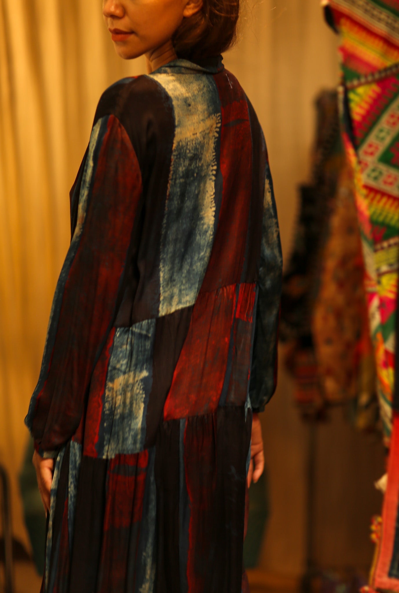 LOA SILK DRESS BLUE BLOCKS - BANGKOK TAILOR CLOTHING STORE - HANDMADE CLOTHING