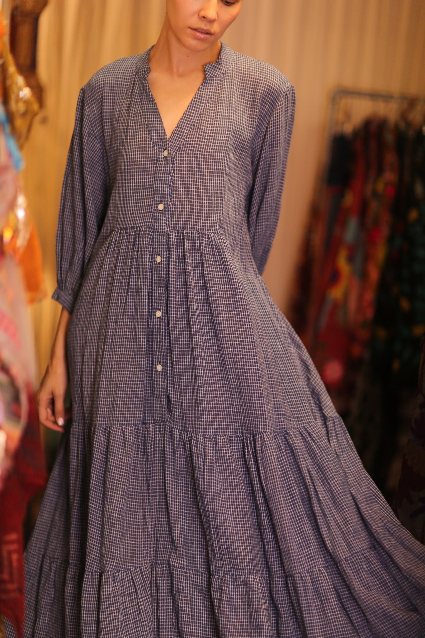 MAXI COTTON V - NECK LONG SLEEVES DRESS SUSIE EMMA - BANGKOK TAILOR CLOTHING STORE - HANDMADE CLOTHING