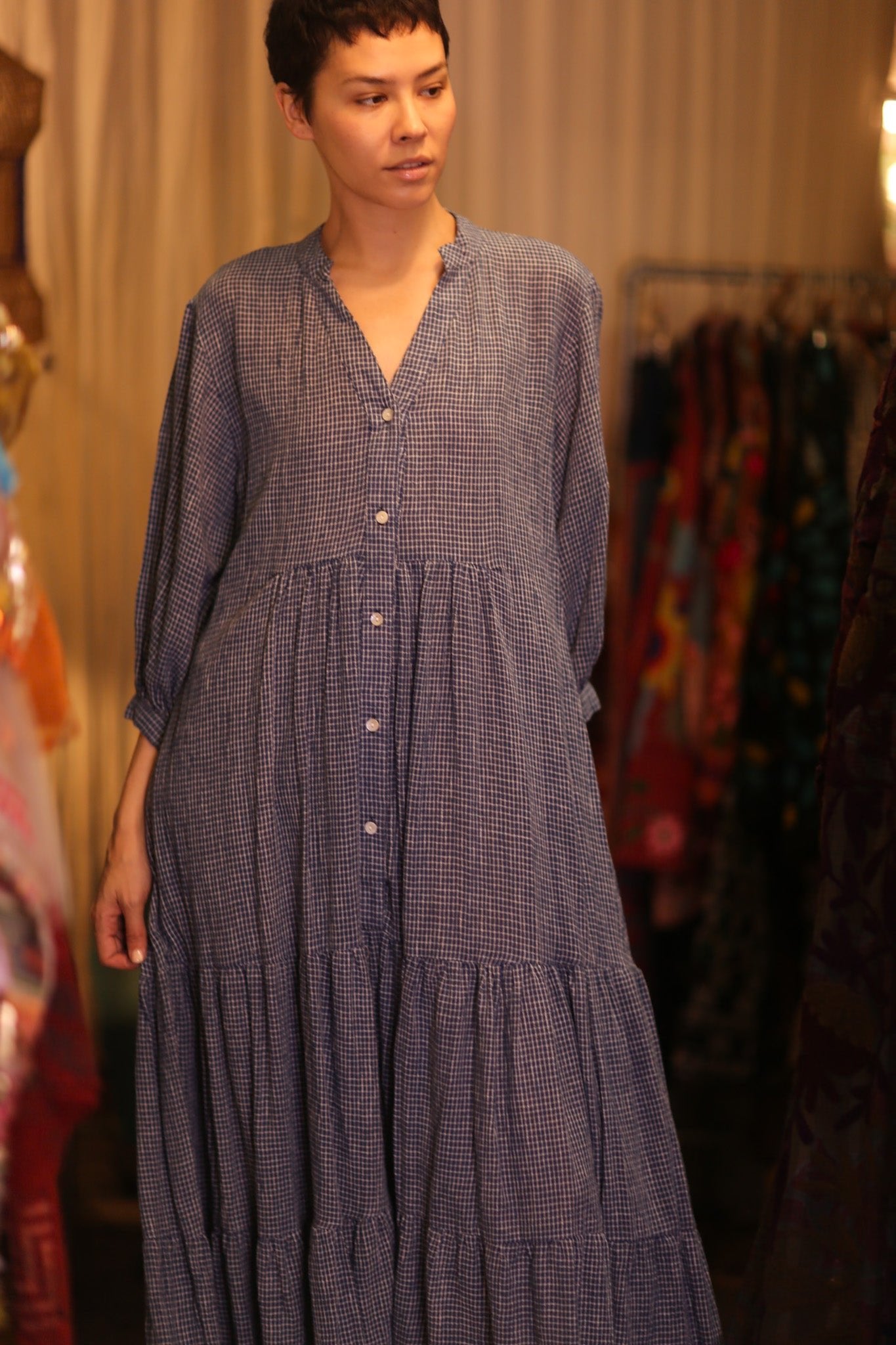 MAXI COTTON V - NECK LONG SLEEVES DRESS SUSIE EMMA - BANGKOK TAILOR CLOTHING STORE - HANDMADE CLOTHING