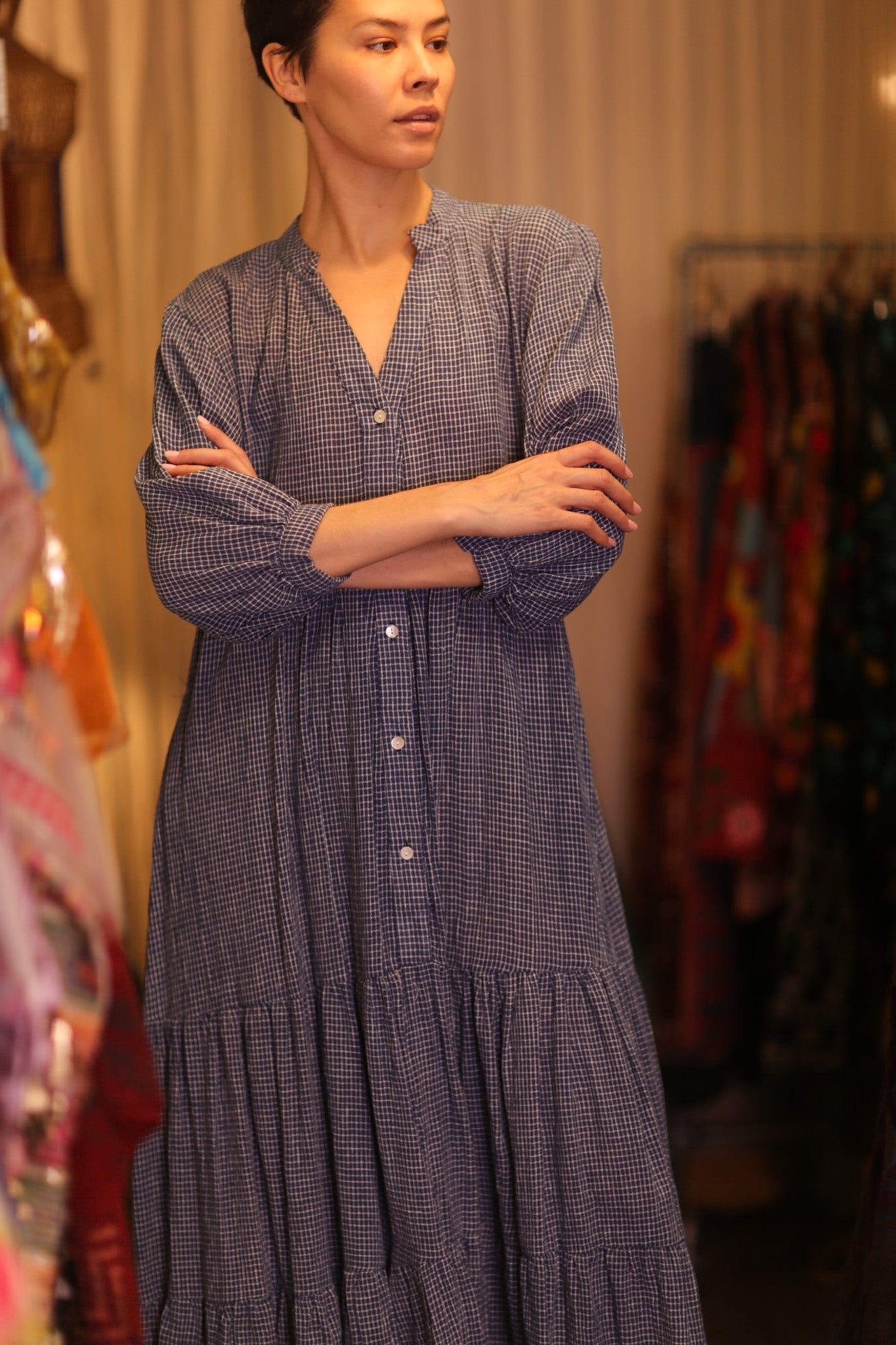 MAXI COTTON V - NECK LONG SLEEVES DRESS SUSIE EMMA - BANGKOK TAILOR CLOTHING STORE - HANDMADE CLOTHING