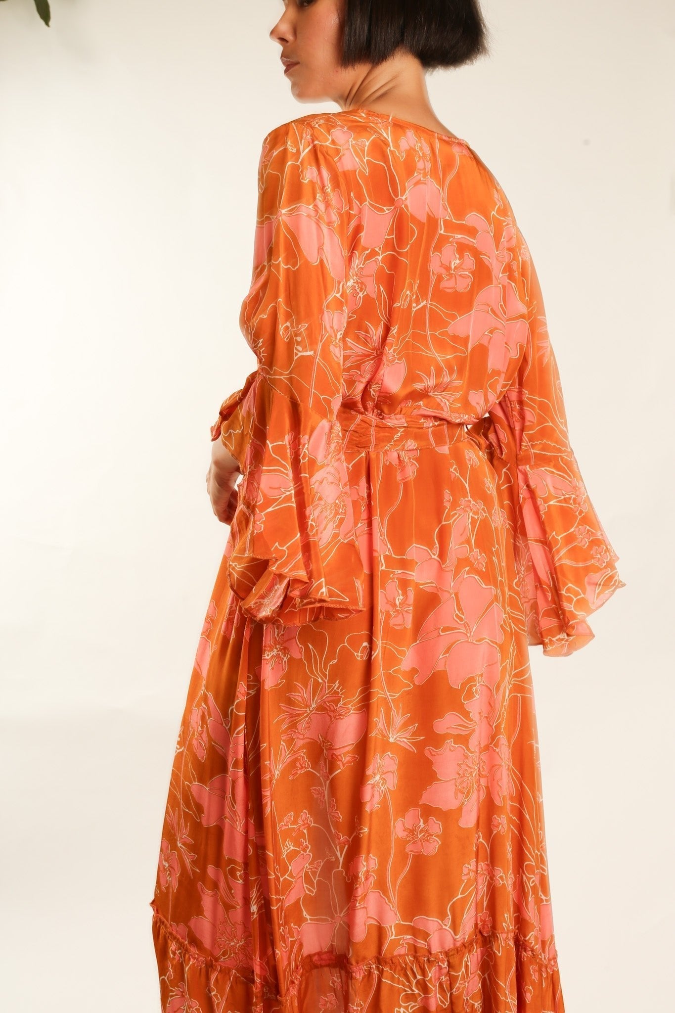 ORANGE FLOWER SILK WRAP DRESS - BANGKOK TAILOR CLOTHING STORE - HANDMADE CLOTHING