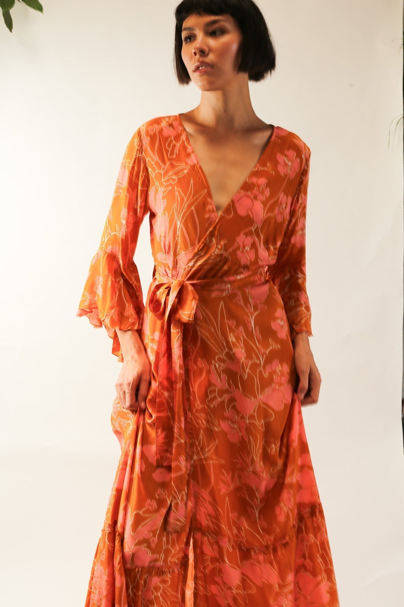 ORANGE FLOWER SILK WRAP DRESS - BANGKOK TAILOR CLOTHING STORE - HANDMADE CLOTHING