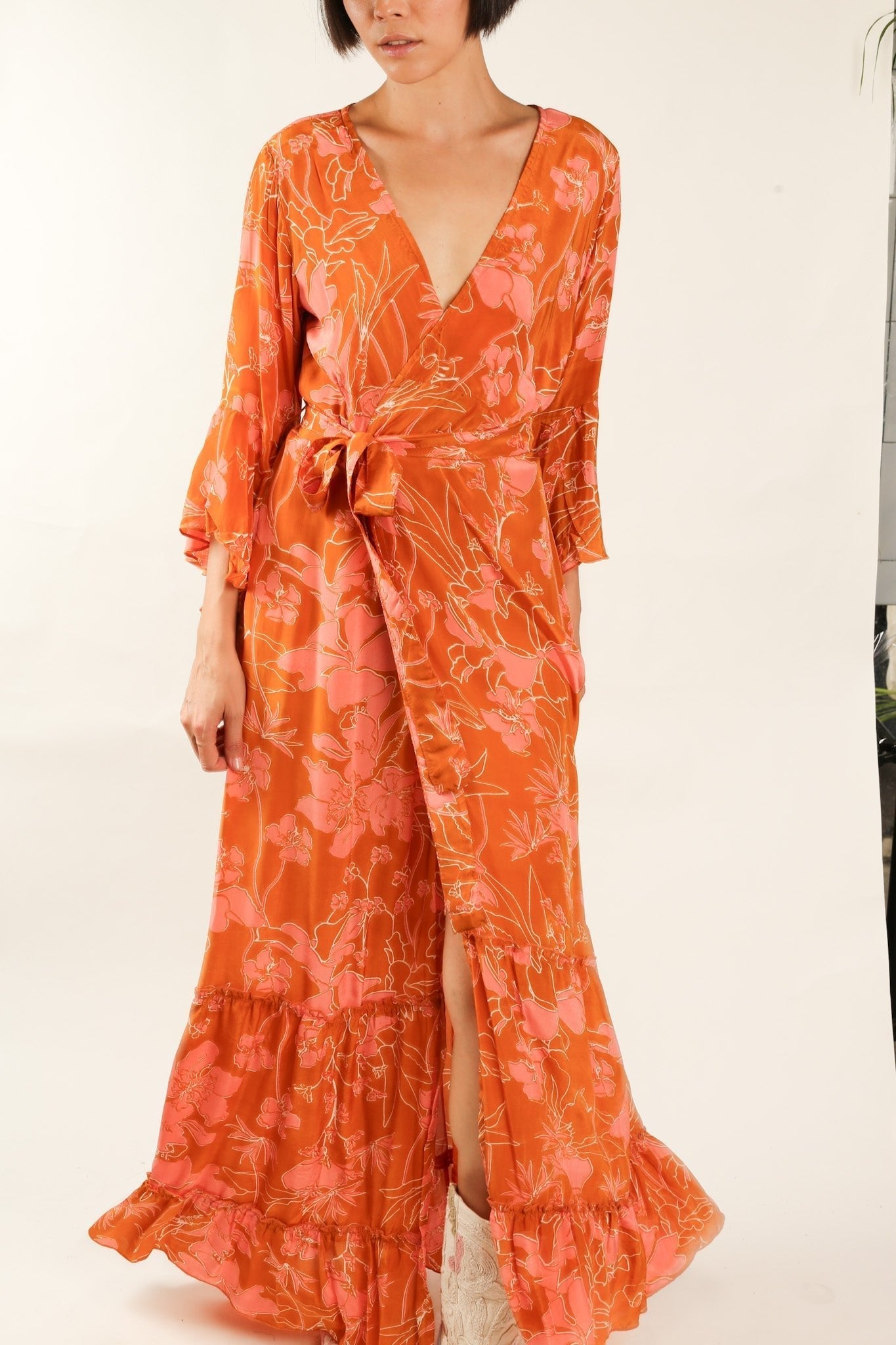 ORANGE FLOWER SILK WRAP DRESS - BANGKOK TAILOR CLOTHING STORE - HANDMADE CLOTHING