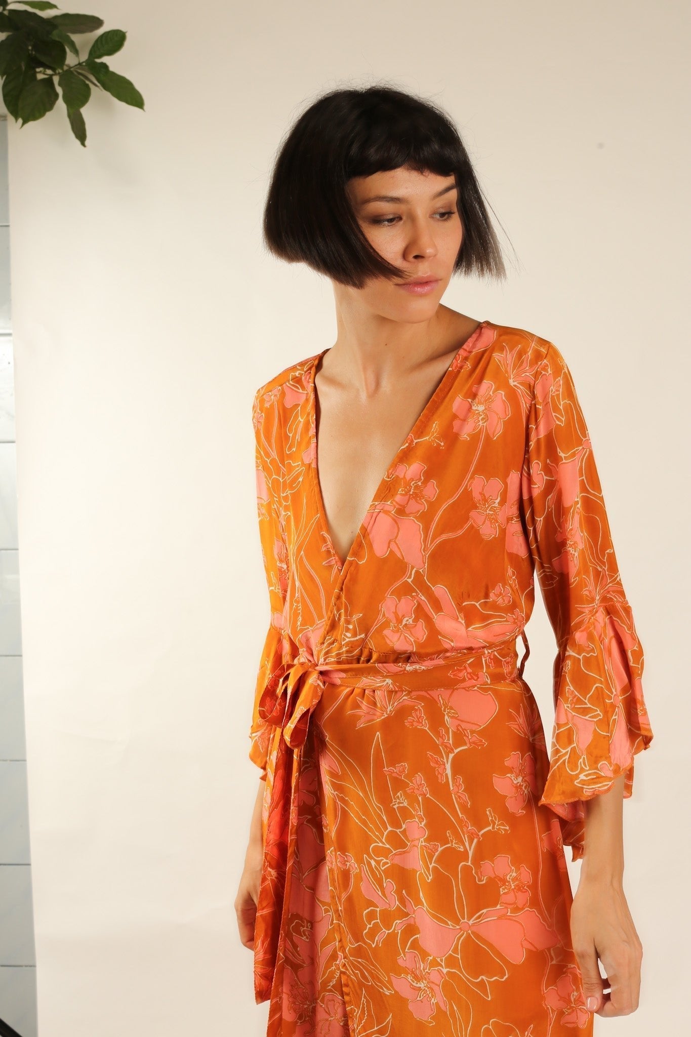 ORANGE FLOWER SILK WRAP DRESS - BANGKOK TAILOR CLOTHING STORE - HANDMADE CLOTHING