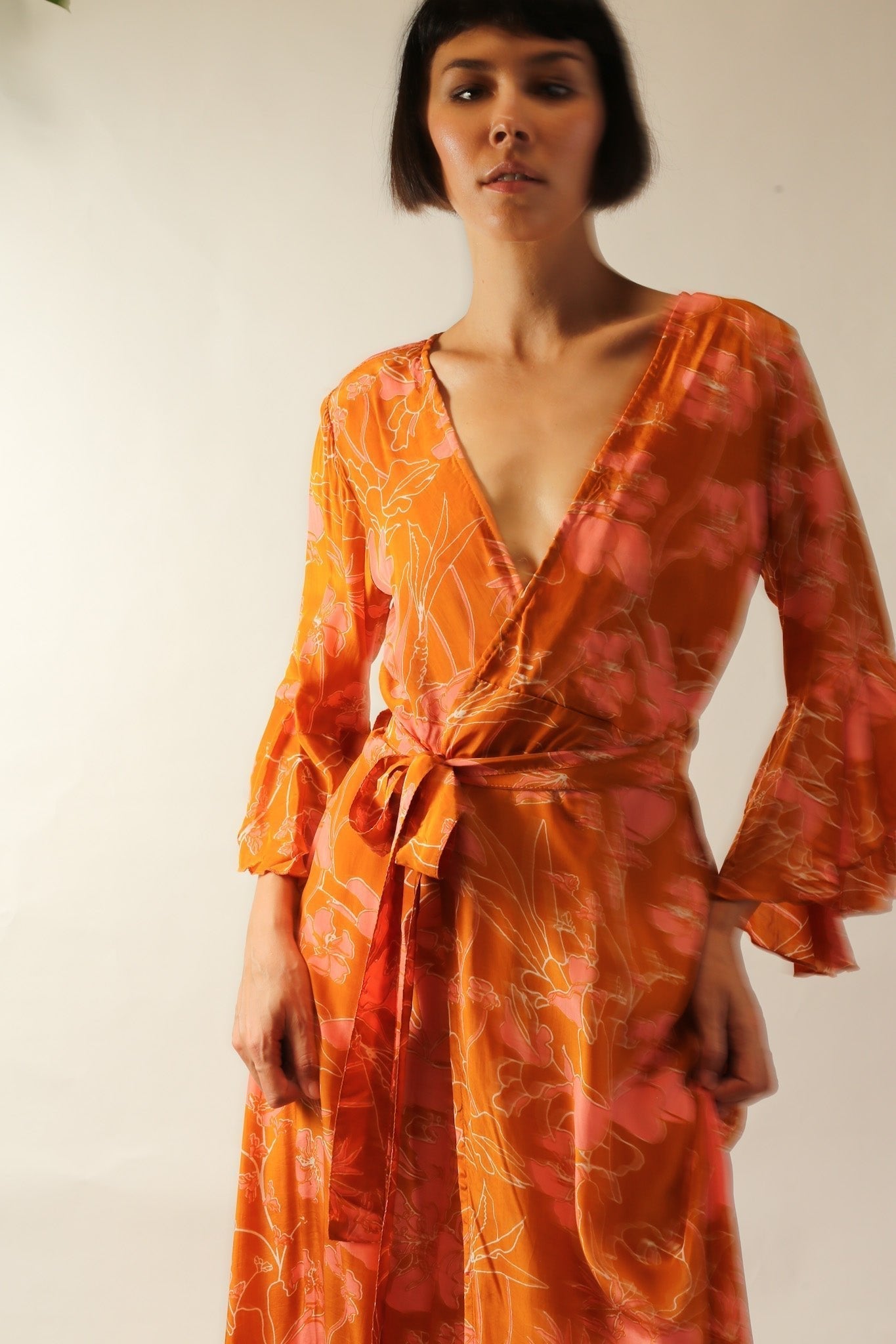 ORANGE FLOWER SILK WRAP DRESS - BANGKOK TAILOR CLOTHING STORE - HANDMADE CLOTHING