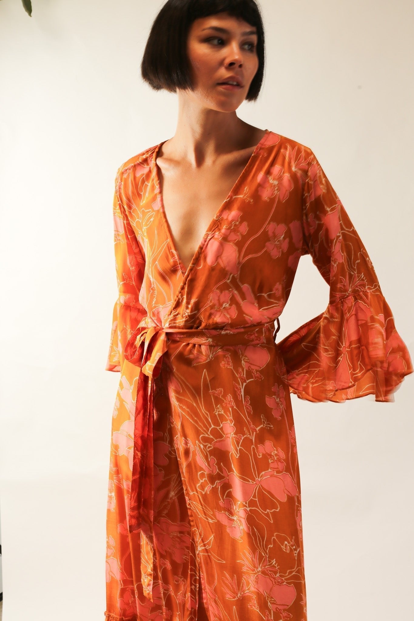 ORANGE FLOWER SILK WRAP DRESS - BANGKOK TAILOR CLOTHING STORE - HANDMADE CLOTHING